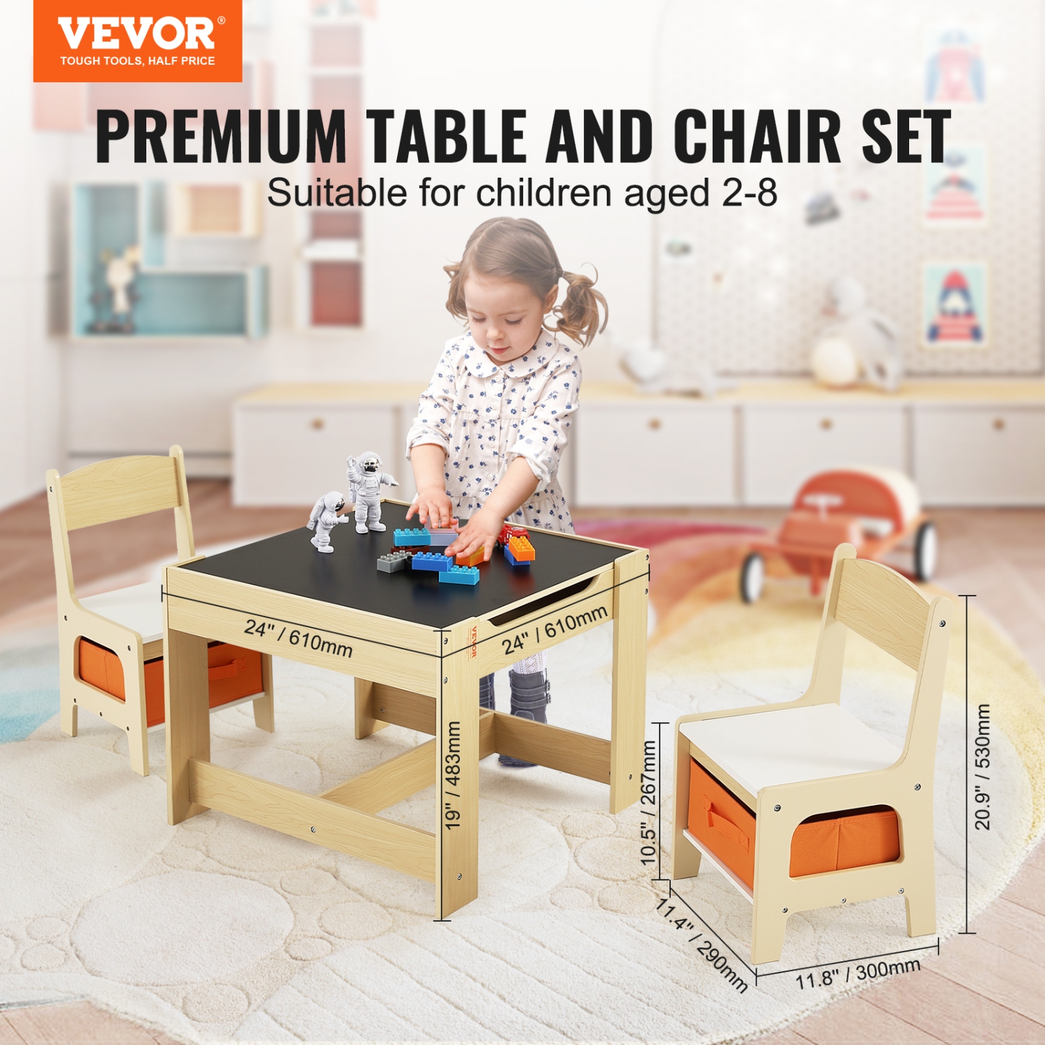 VEVOR Kids Table and Chair Set, Wooden Activity Table with Storage Space and Boxes, Kids Play Table for Toddlers Art, Craft, Reading, Learning