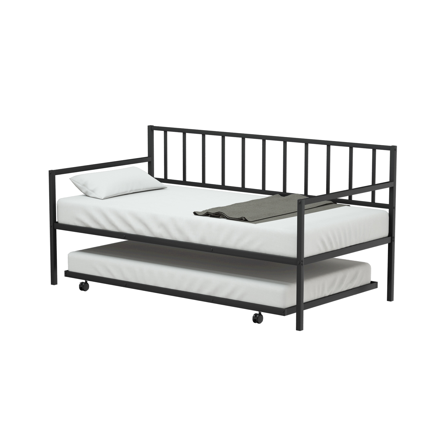 Topbuy Twin Size Steel Daybed &roll-out Trundle Frame Set w/ Casters