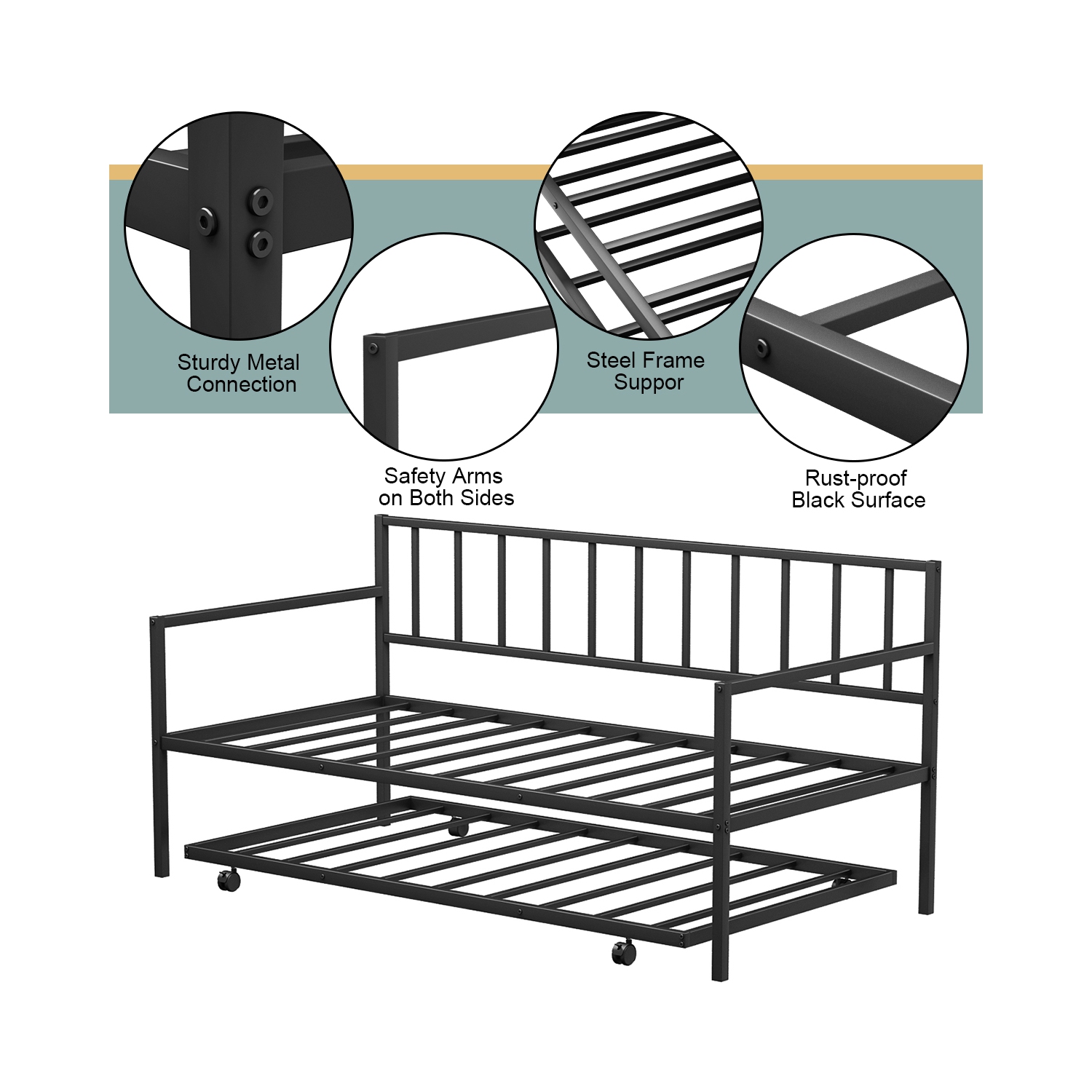 Topbuy Twin Size Steel Daybed &roll-out Trundle Frame Set w/ Casters