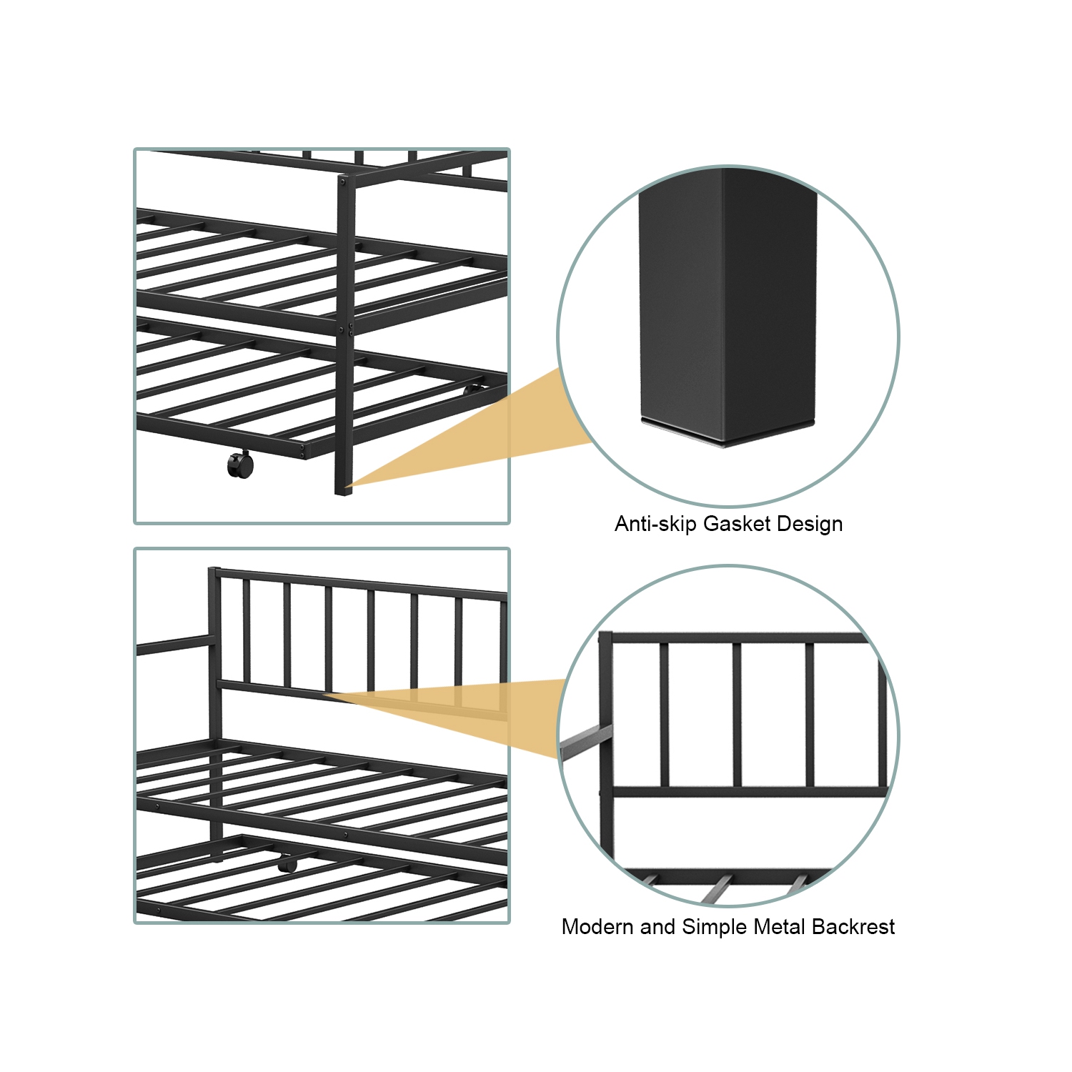 Topbuy Twin Size Steel Daybed &roll-out Trundle Frame Set w/ Casters
