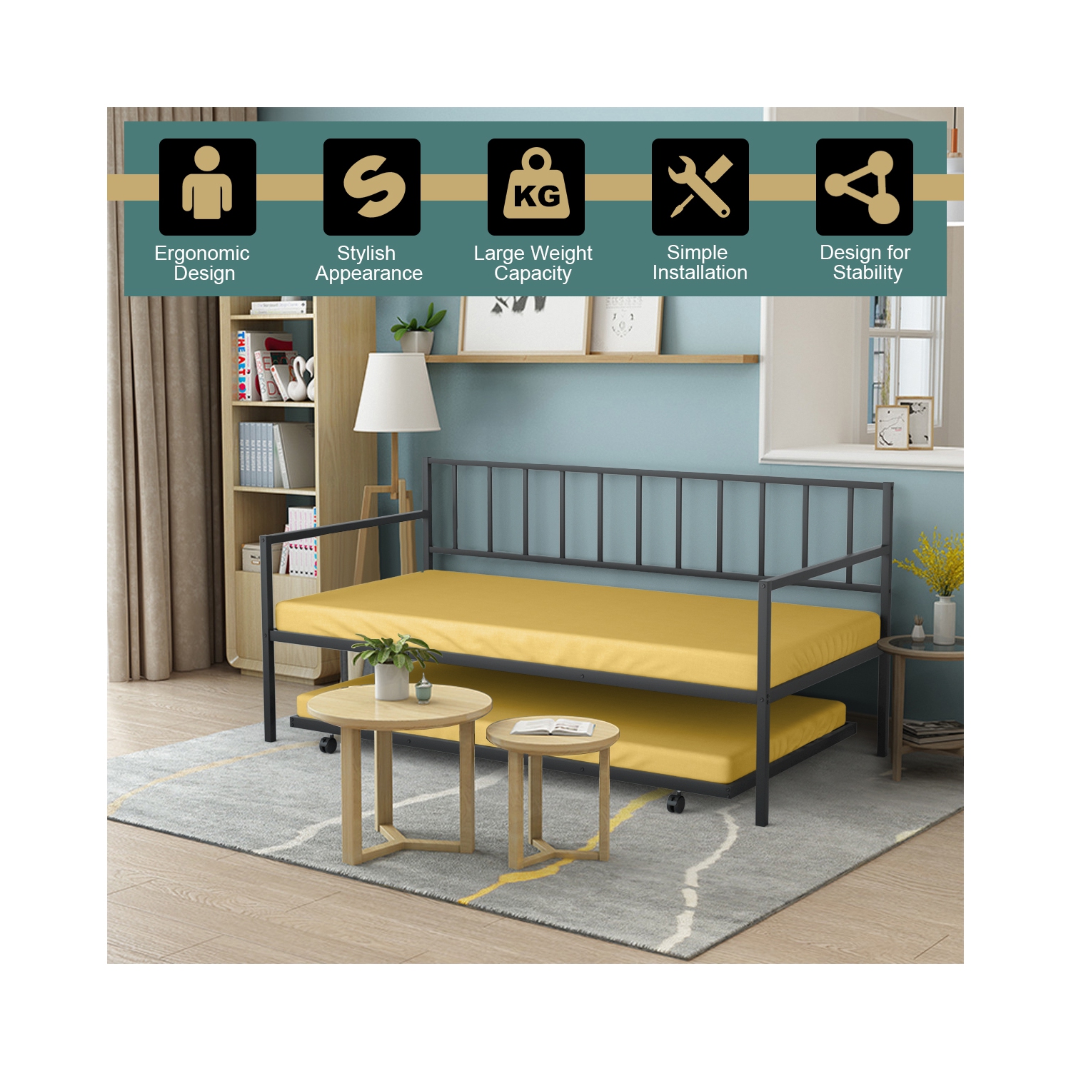 Topbuy Twin Size Steel Daybed &roll-out Trundle Frame Set w/ Casters