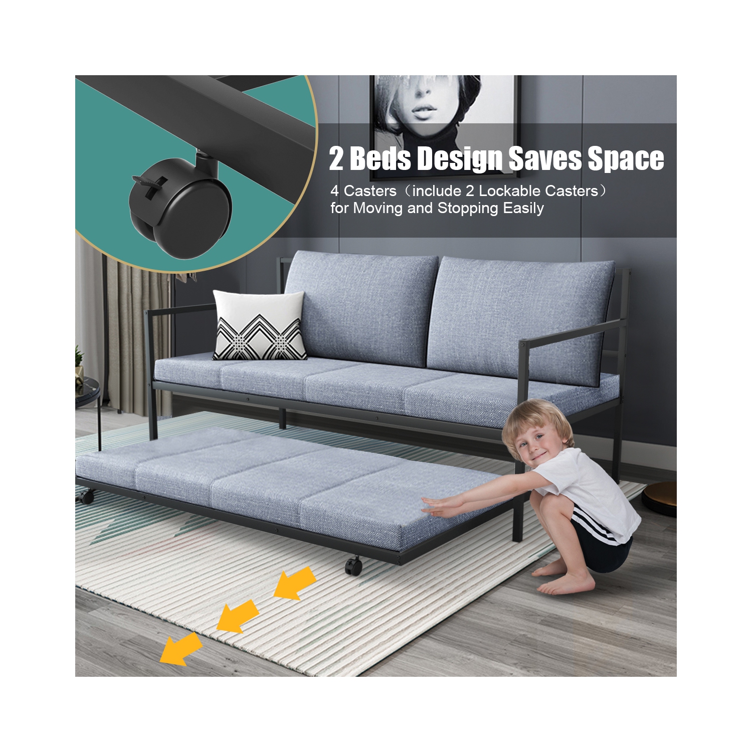 Topbuy Twin Size Steel Daybed &roll-out Trundle Frame Set w/ Casters