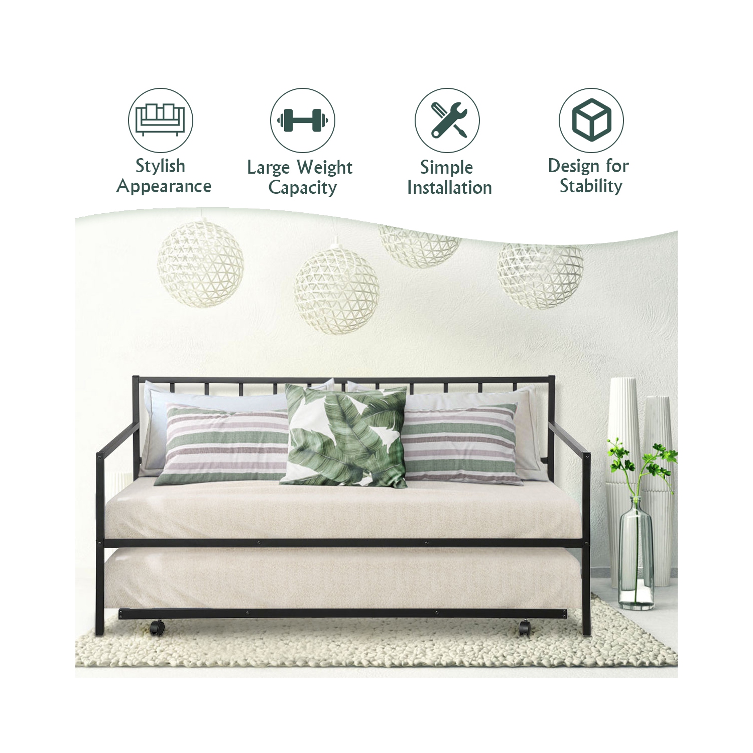 Topbuy Twin Size Steel Daybed &roll-out Trundle Frame Set w/ Casters
