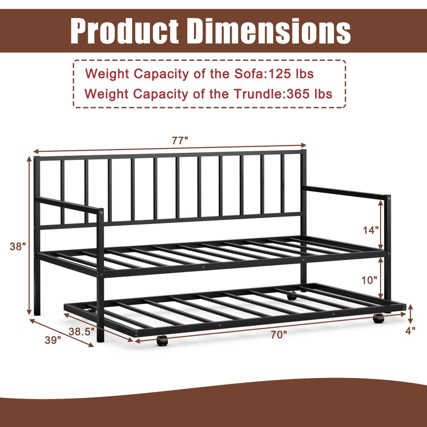 Topbuy Twin Size Steel Daybed &roll-out Trundle Frame Set w/ Casters