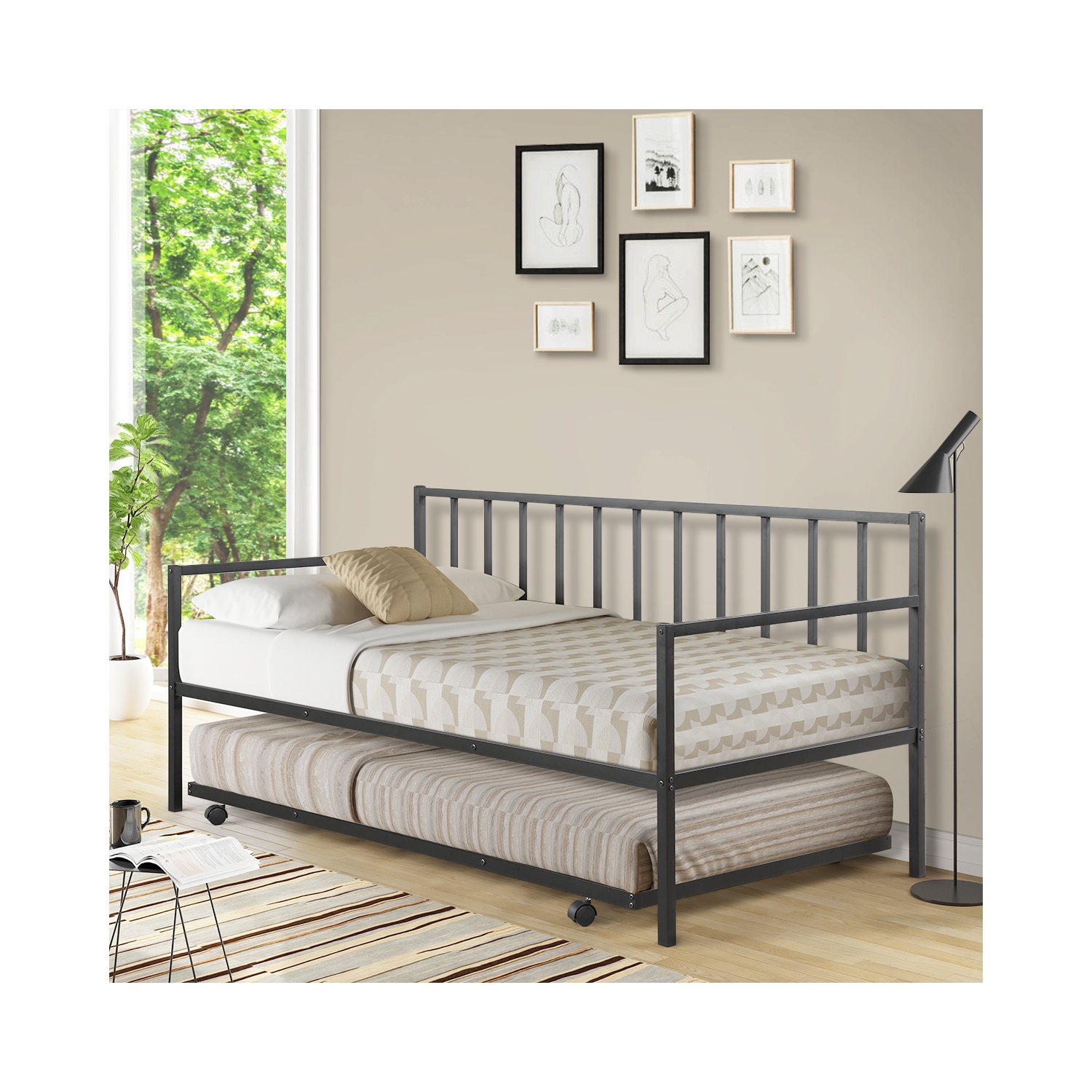Topbuy Twin Size Steel Daybed &roll-out Trundle Frame Set w/ Casters