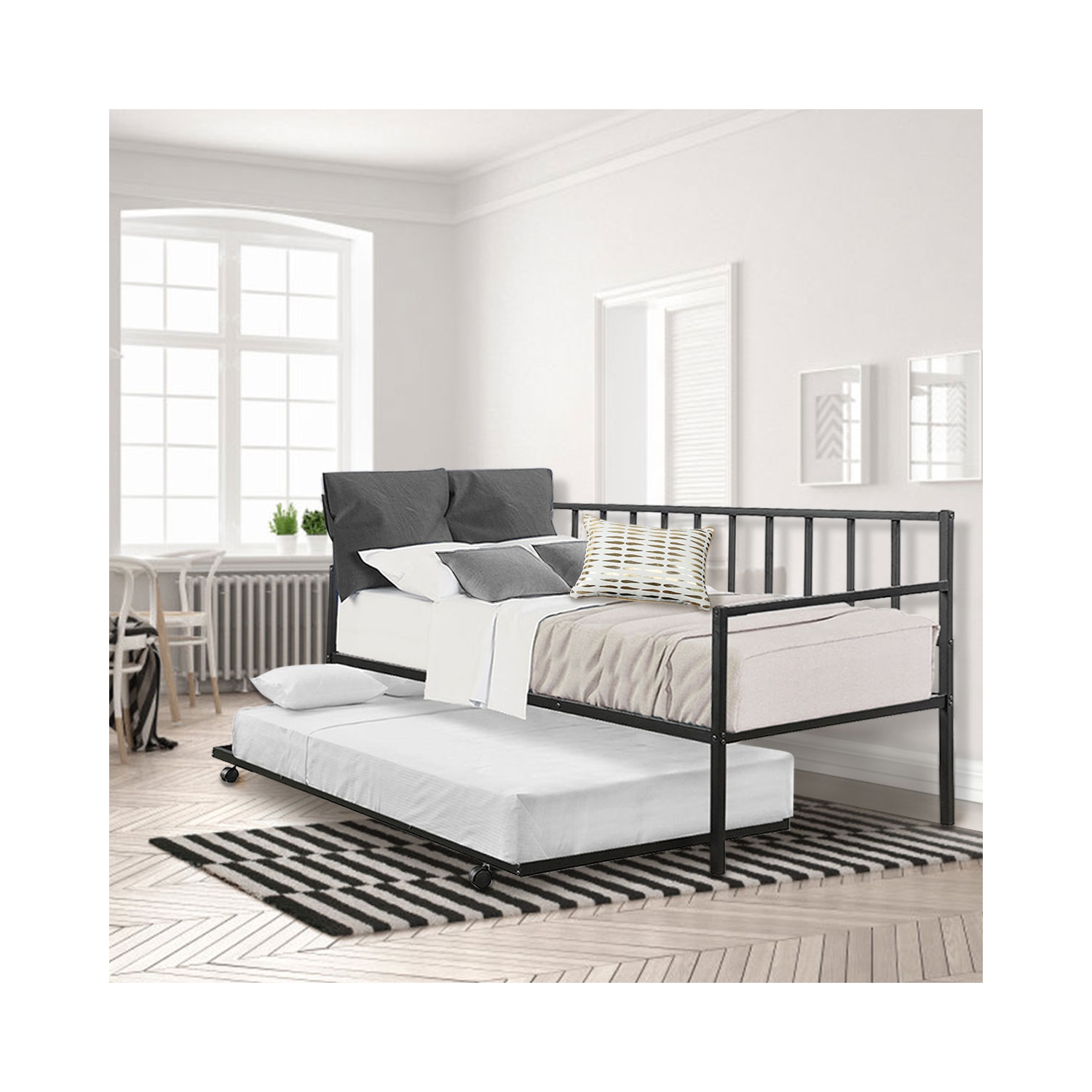 Topbuy Twin Size Steel Daybed &roll-out Trundle Frame Set w/ Casters