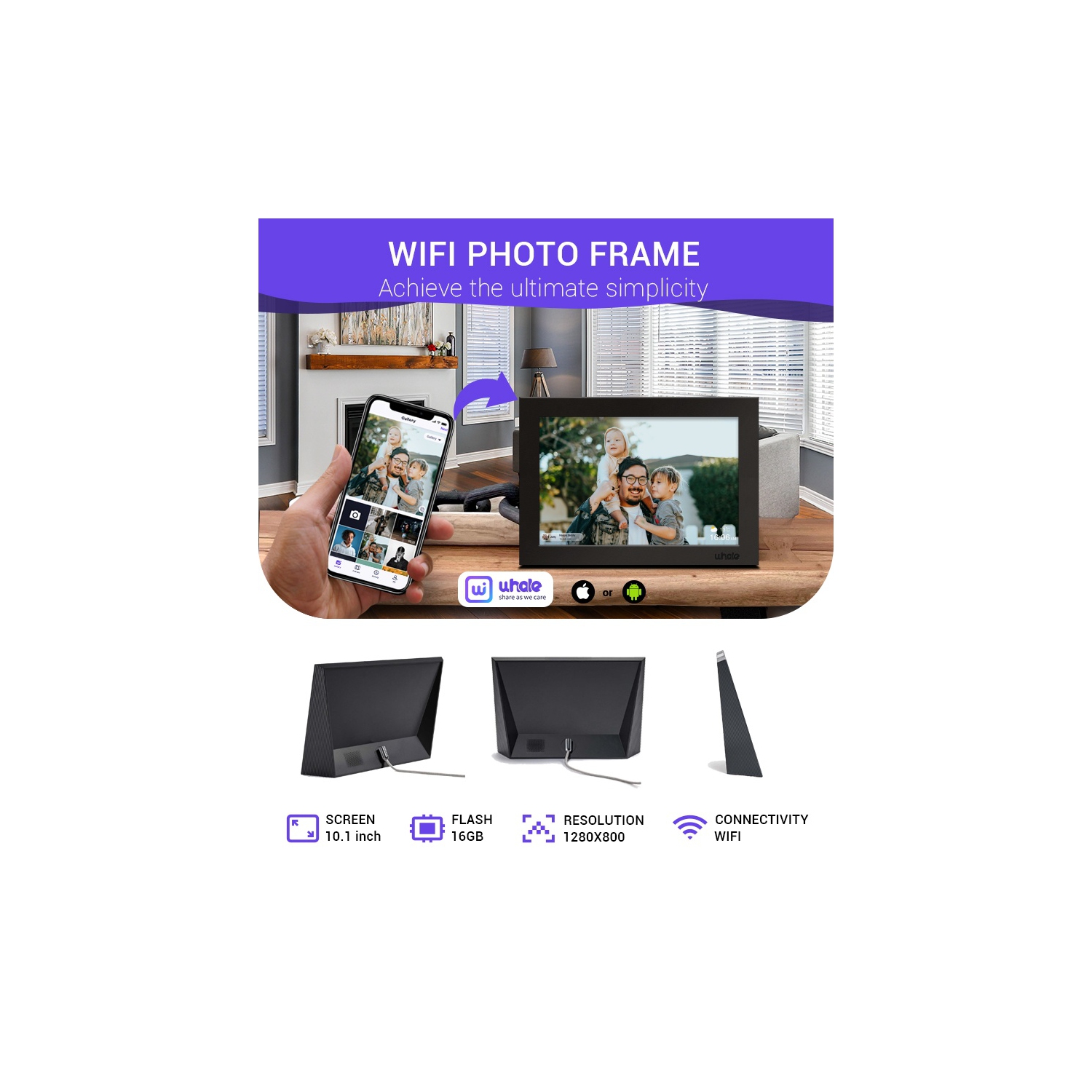 Cadre photo numérique de 10,1 po, Wi-Fi avec APPLICATION Uhale, rotation automatique de l'image 16 Go, écran IPS 16:10 1200 x 800, cadre