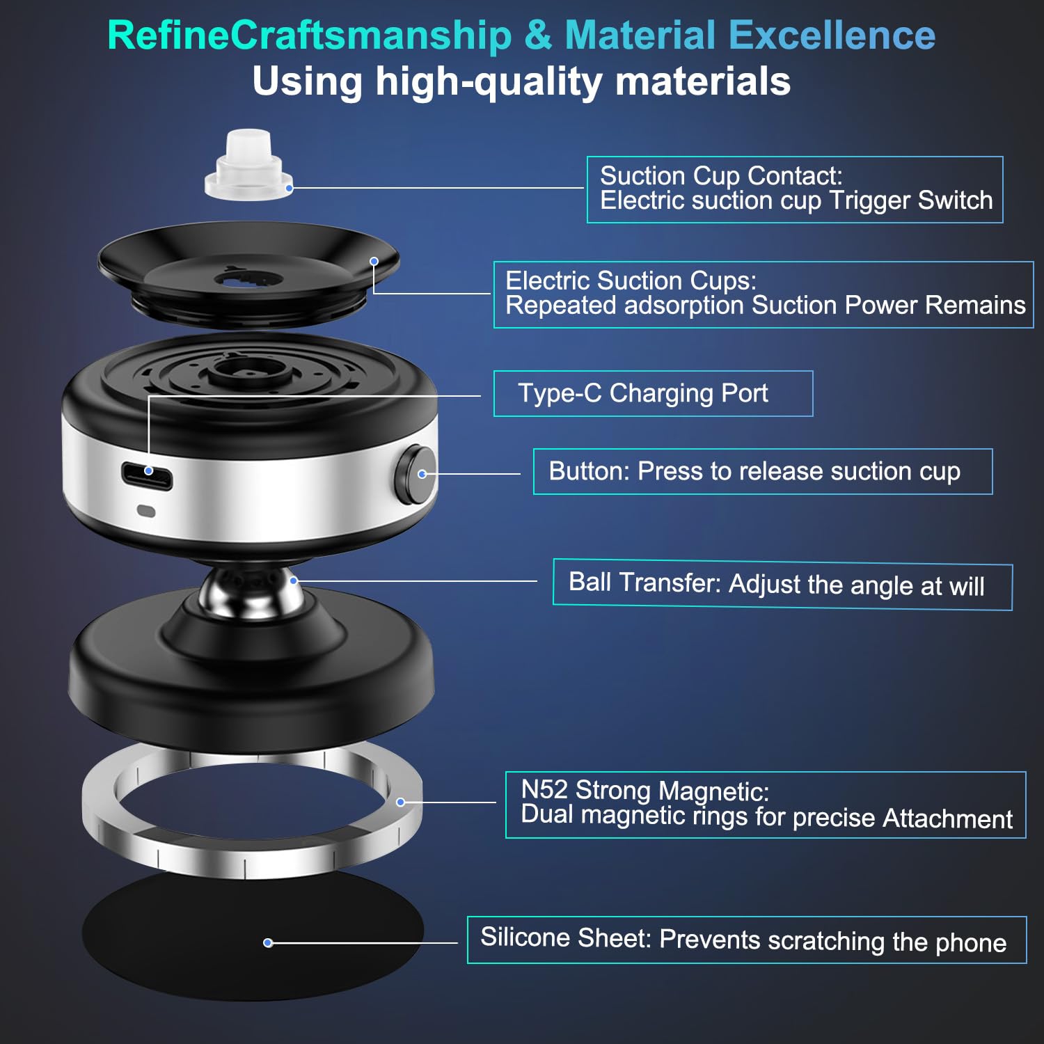 360° Electric Suction Vacuum Phone Holder, Double Sided Attachment Car Phone Mount, Hands Free for Car Dashboard Mounting, Smooth Surfaces