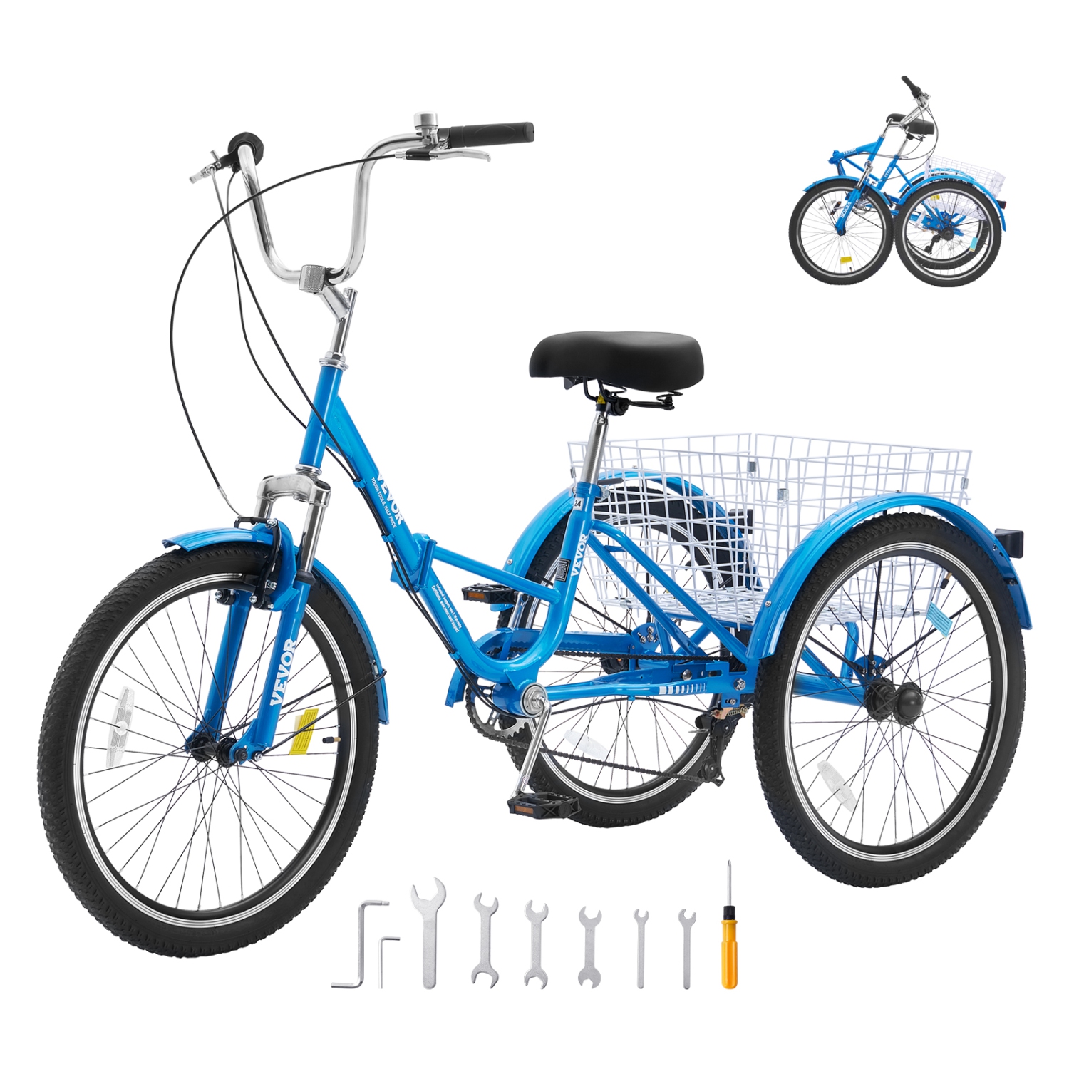 VEVOR 24-Inch 7-Speed Folding Adult Tricycle, Adult Folding Trikes, Carbon Steel 3 Wheel Cruiser Bike with Basket & Adjustable Seat, Shopping Picnic