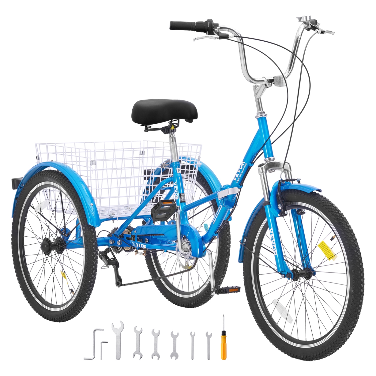 VEVOR 24-Inch 7-Speed Folding Adult Tricycle, Adult Folding Trikes, Carbon Steel 3 Wheel Cruiser Bike with Basket & Adjustable Seat, Shopping Picnic
