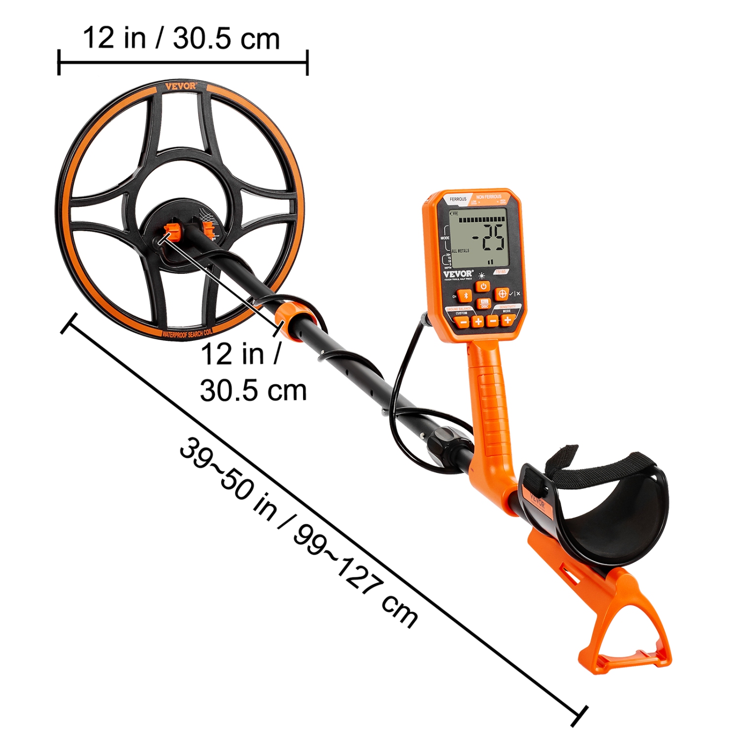 Détecteur de métaux étanche VEVOR 39-50, bobine de 12&nbsp;po, détecteur d'or, réglable avec puce DSP avancée LCD 7 modes, casque Bluetooth, IP68