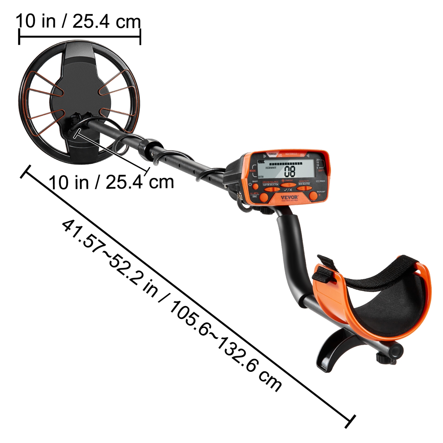 Détecteur de métal VEVOR de 10&nbsp;po pour adultes et enfants, bobine de recherche étanche avec affichage LCD 7 modes, tige en aluminium réglable de