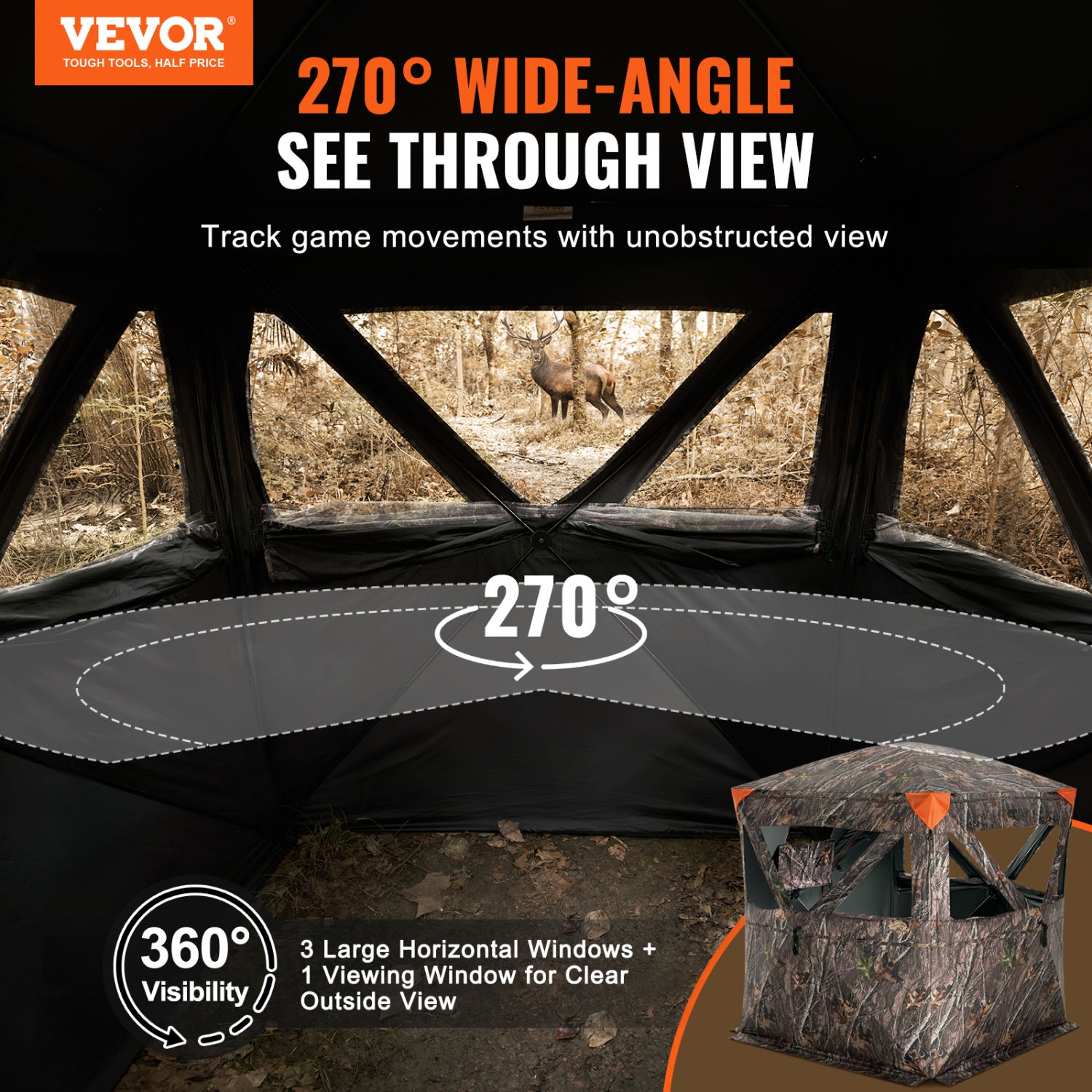 VEVOR 270°See Through Hunting Blind, 2-3 Person Pop Up Deer Blind for Hunting with Carrying Bag, Portable Resilient Hunting Tent, 3 Horizontal