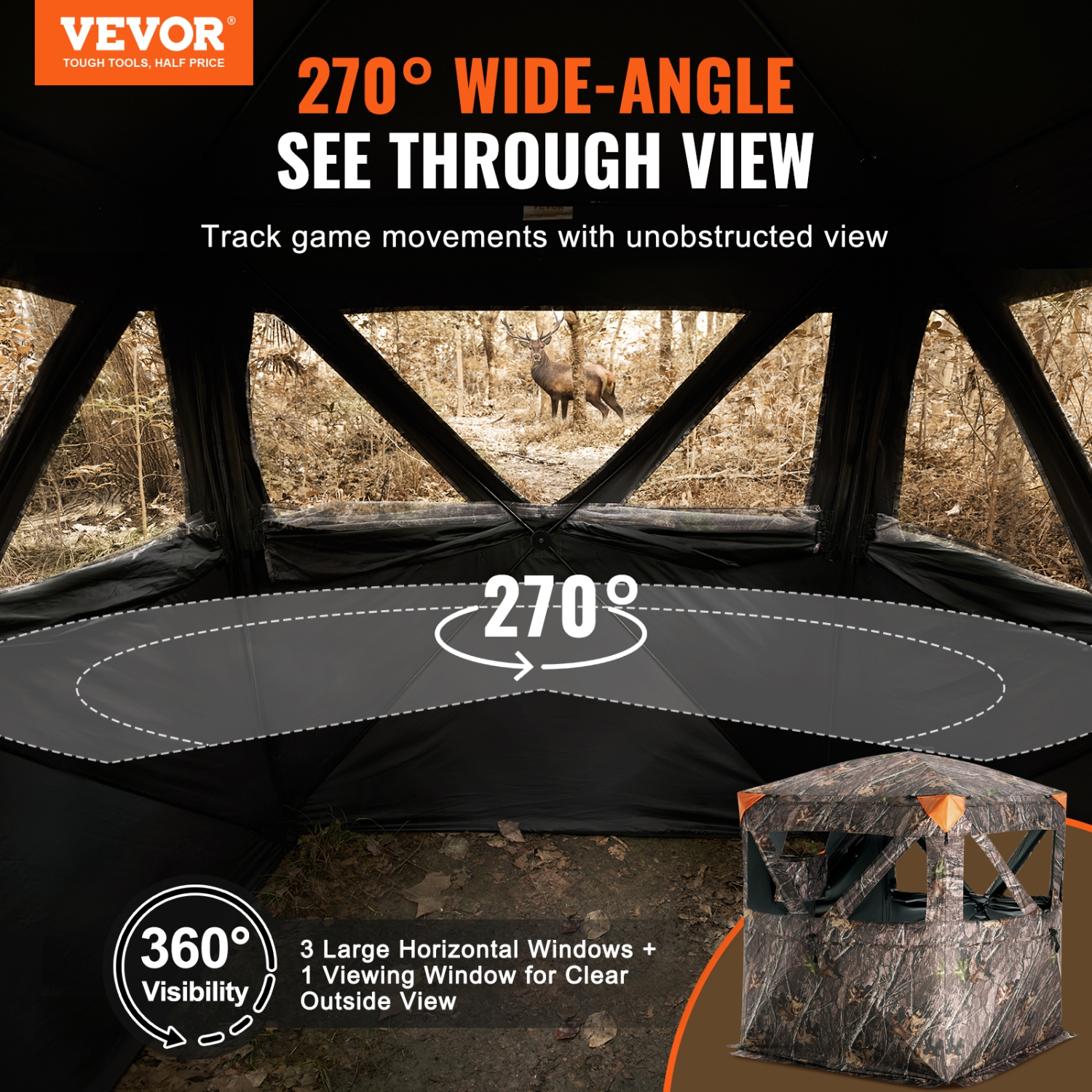 VEVOR 270°See Through Hunting Blind, 1-2 Person Pop Up Deer Blind for Hunting with Carrying Bag, Portable Resilient Hunting Tent, 3 Horizontal