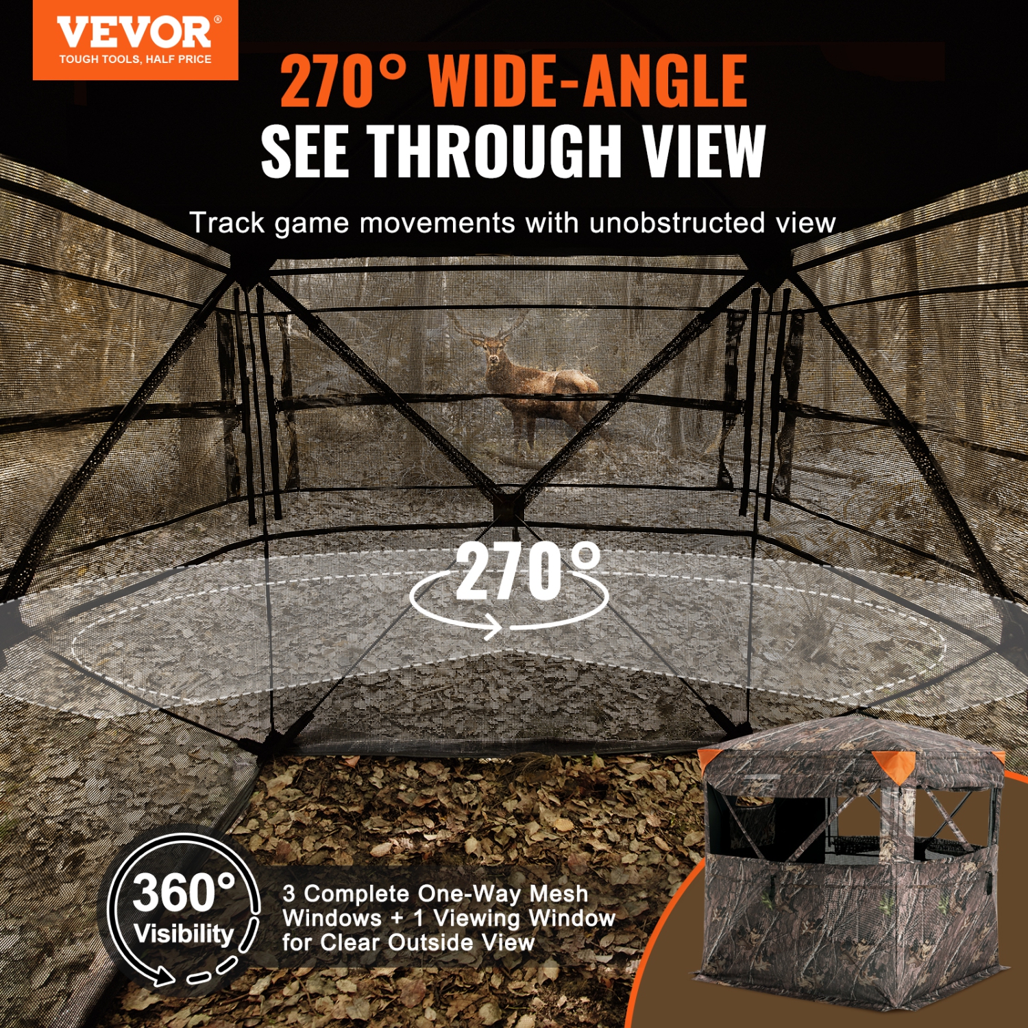 VEVOR 270° See Through Hunting Blind, 2-3 Person Pop Up Deer Blind for Hunting with Carrying Bag, Resilient Hunting Tent, One-Way See-Through Mesh