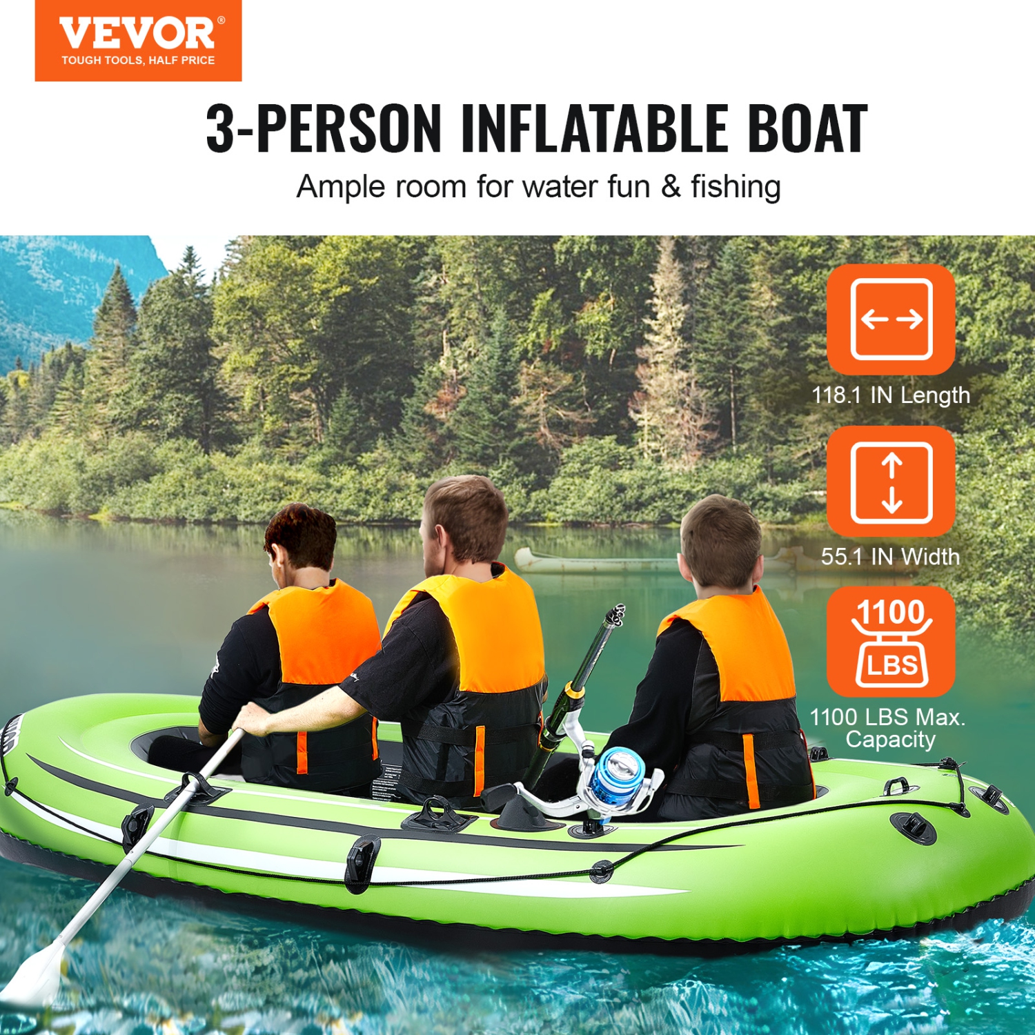 VEVOR 3-Person Inflatable Boat, Inflatable Fishing Boat, PVC Portable Boat Raft Kayak, 45.6" Aluminum Oars, High-Output Pump, Fishing Rod Holders,