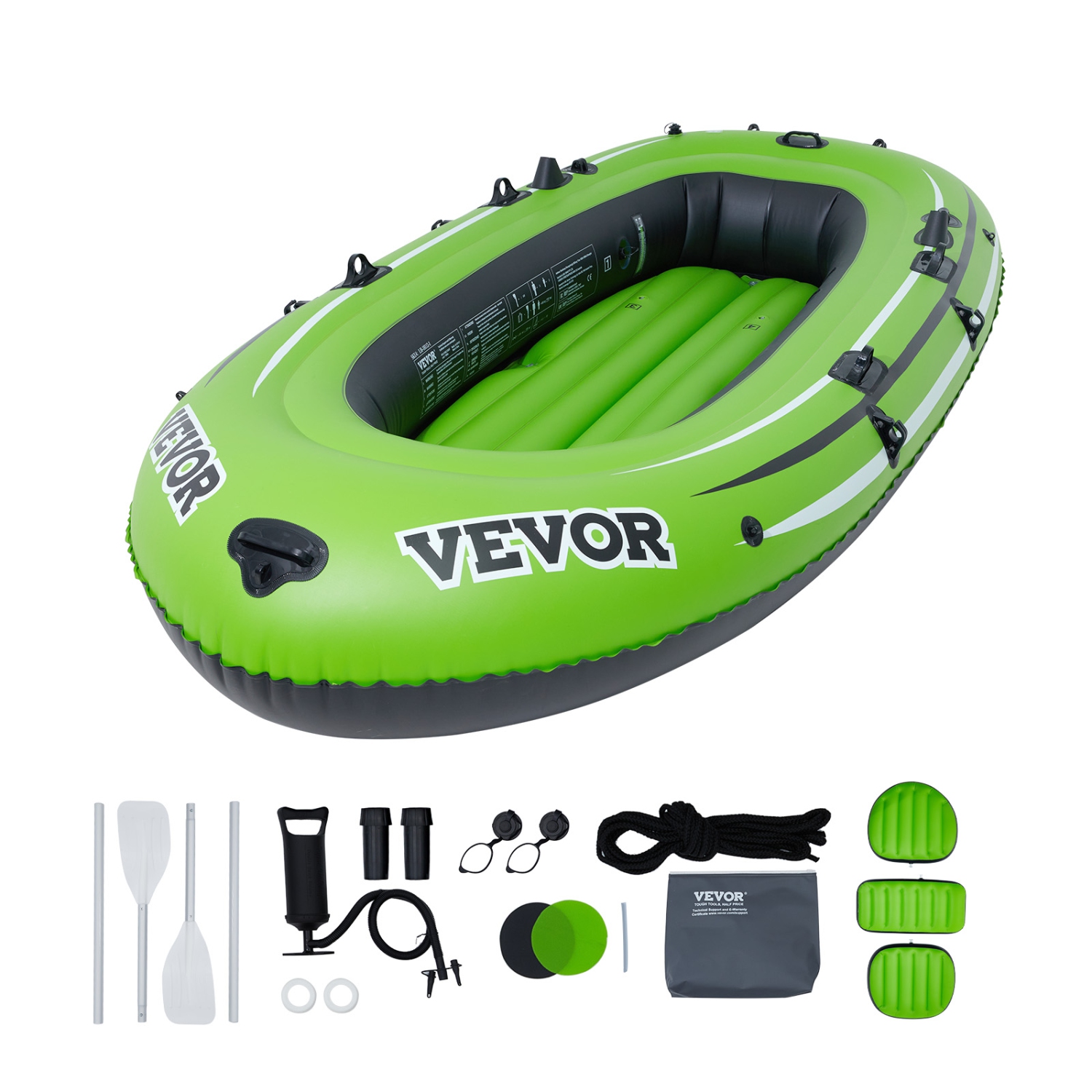 VEVOR 3-Person Inflatable Boat, Inflatable Fishing Boat, PVC Portable Boat Raft Kayak, 45.6" Aluminum Oars, High-Output Pump, Fishing Rod Holders,