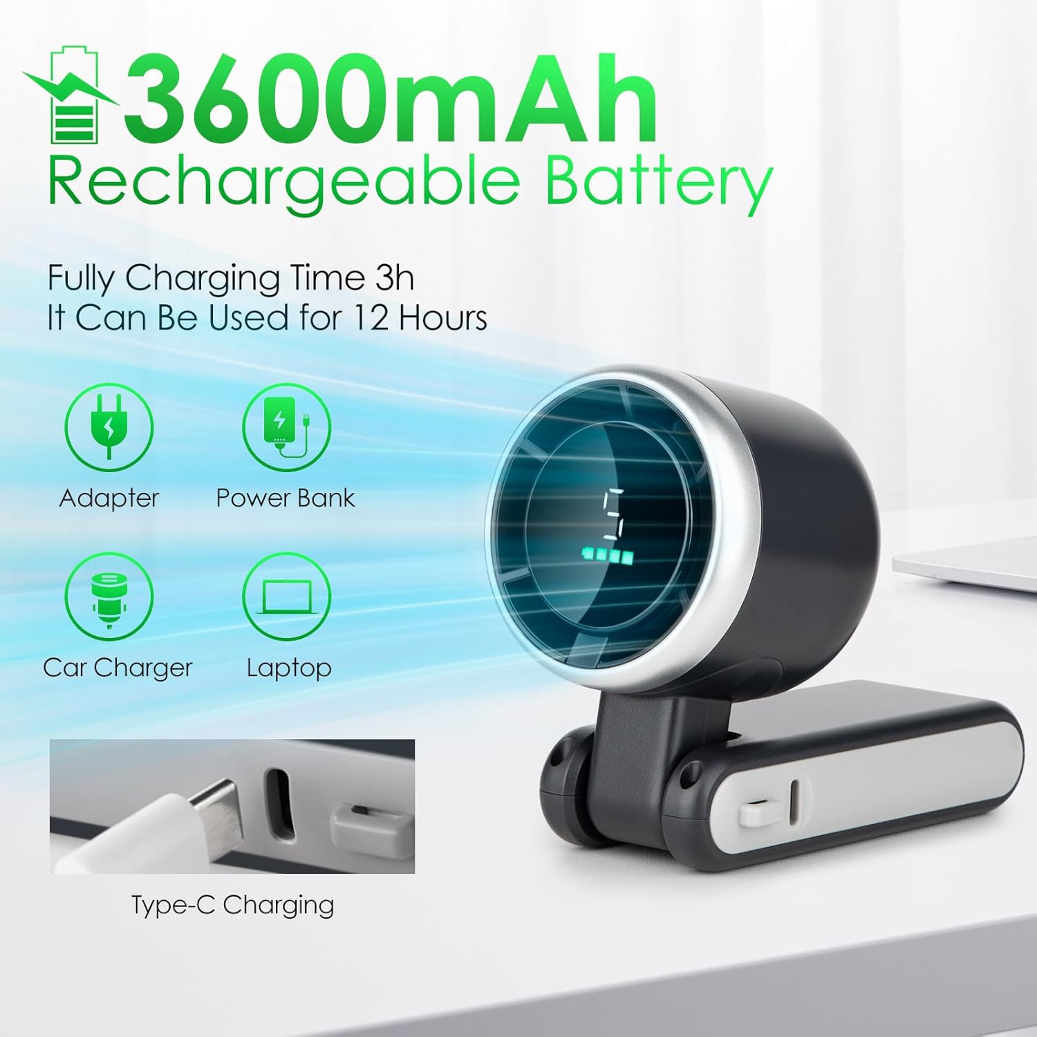 Mini ventilateur turbo portatif portatif portatif, ventilateur de cou de voyage rechargeable par USB à 5 vitesses, ventilateur de poche pliable pour