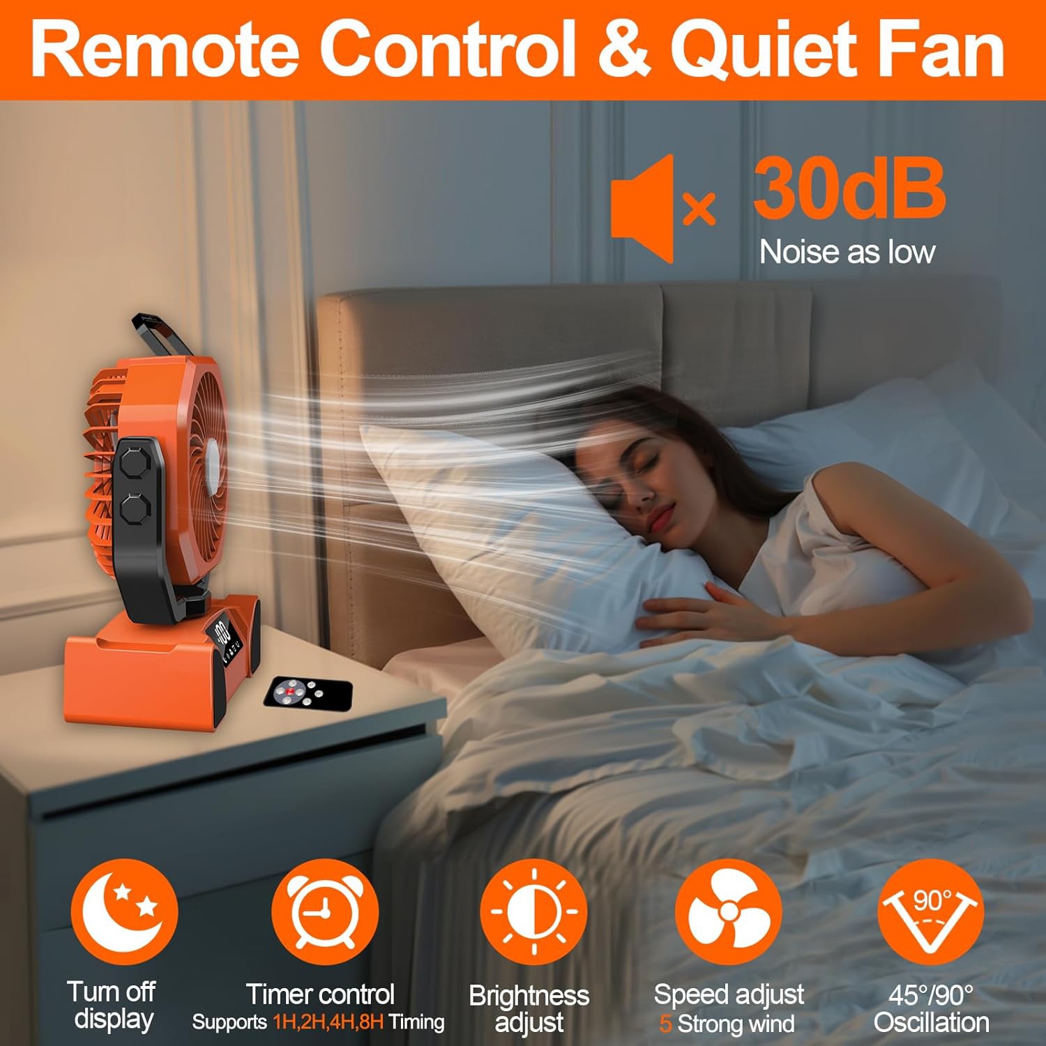 Ventilateur de camping portatif, ventilateur alimenté par piles 20000&nbsp;mAh avec télécommande, ventilateur de camping rechargeable,