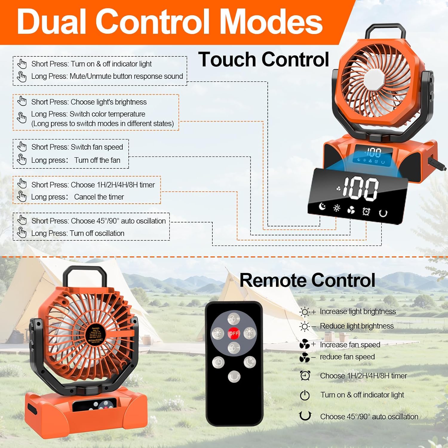 Ventilateur de camping portatif, ventilateur alimenté par piles 20000&nbsp;mAh avec télécommande, ventilateur de camping rechargeable,