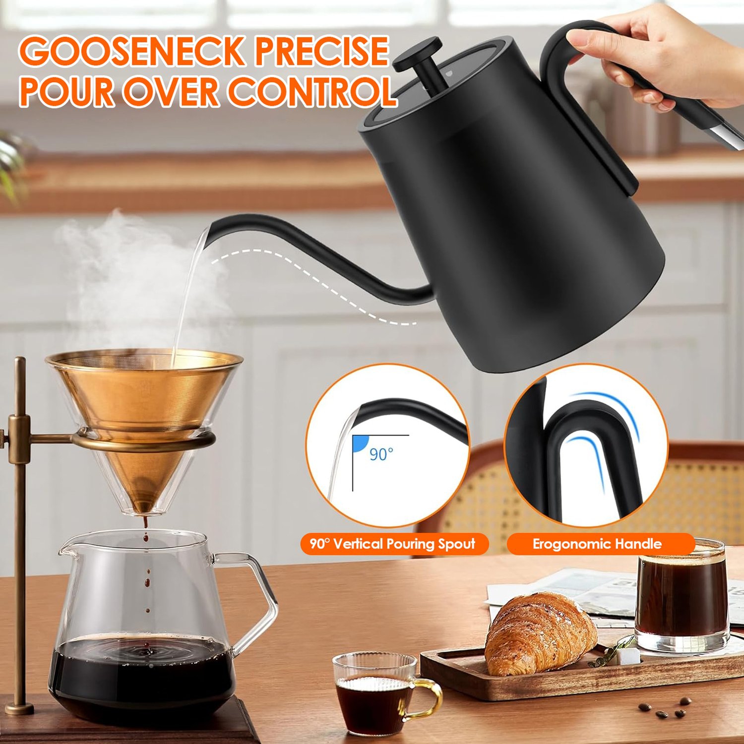 Bouilloire électrique à col de cygne à température contrôlée, cafetière électrique avec doublure en acier inoxydable pour les voyages, utilisation à