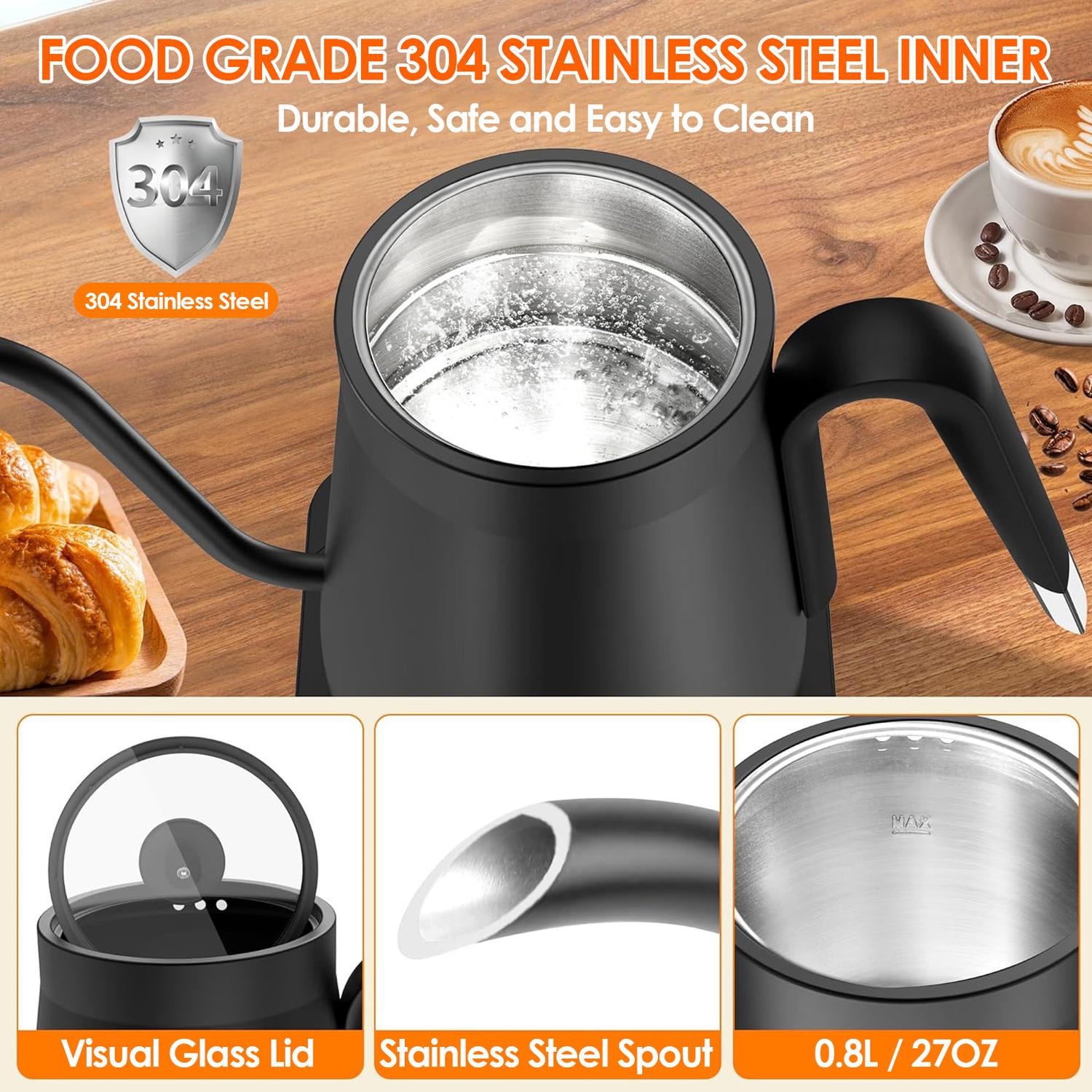 Bouilloire électrique à col de cygne à température contrôlée, cafetière électrique avec doublure en acier inoxydable pour les voyages, utilisation à