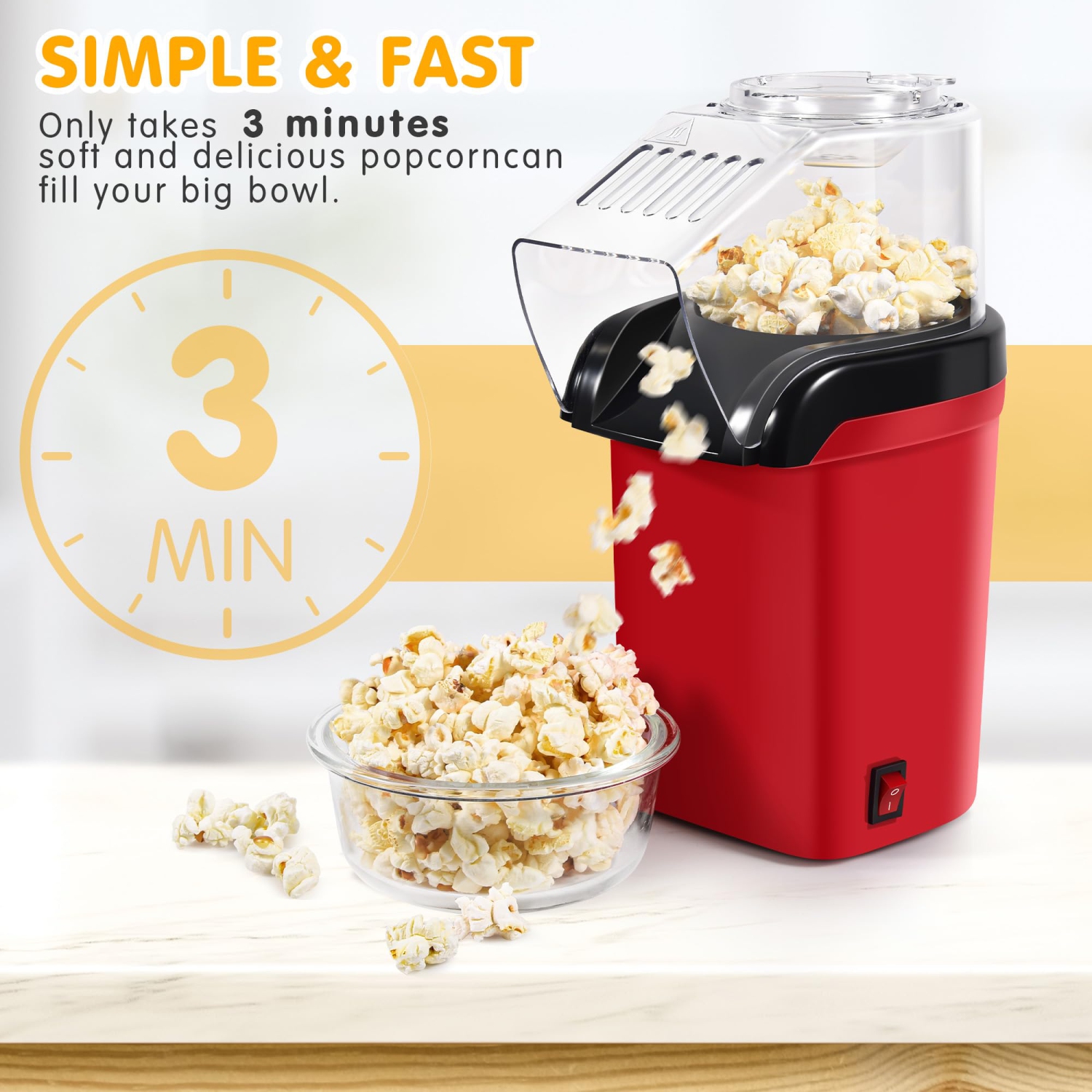 Machine à maïs soufflé avec couvercle supérieur de tasse à mesurer Éclateur de maïs réutilisable 1200&nbsp;W Machine à maïs soufflé rapide en 2