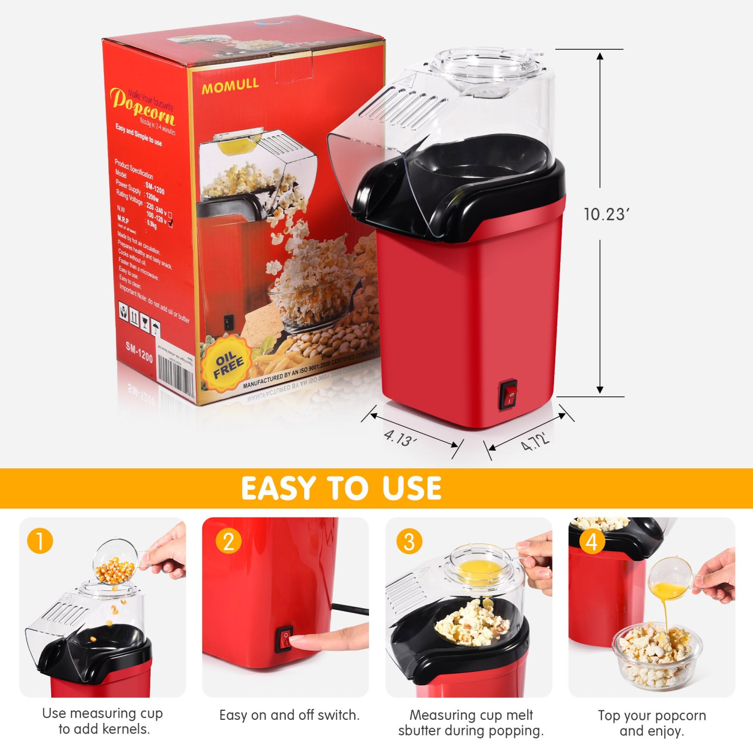 Machine à maïs soufflé avec couvercle supérieur de tasse à mesurer Éclateur de maïs réutilisable 1200&nbsp;W Machine à maïs soufflé rapide en 2