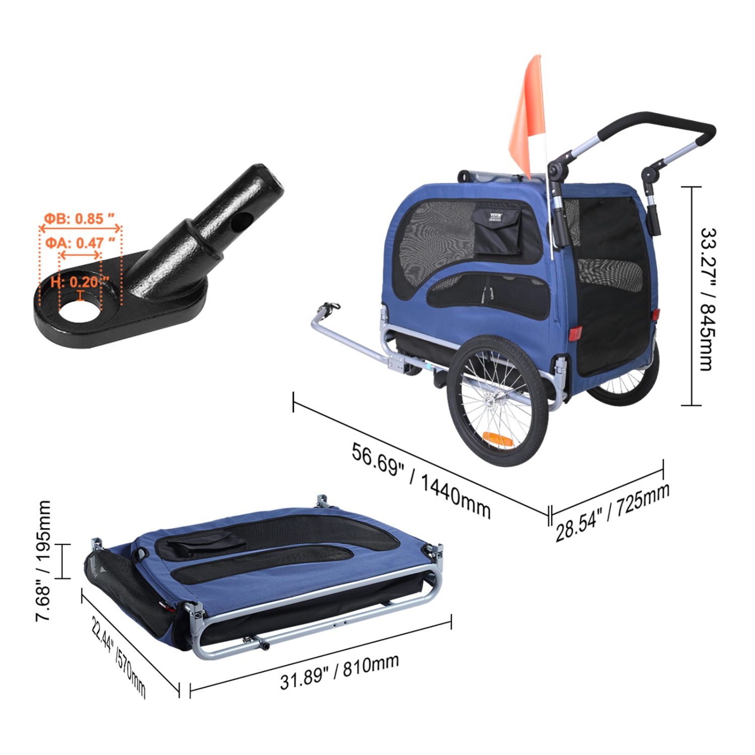 VEVOR 100 lbs Dog Bike Trailer, 2-in-1 Pet Stroller Cart Bicycle Carrier, Easy Folding Cart Frame with Quick Release Wheels, Universal Bicycle