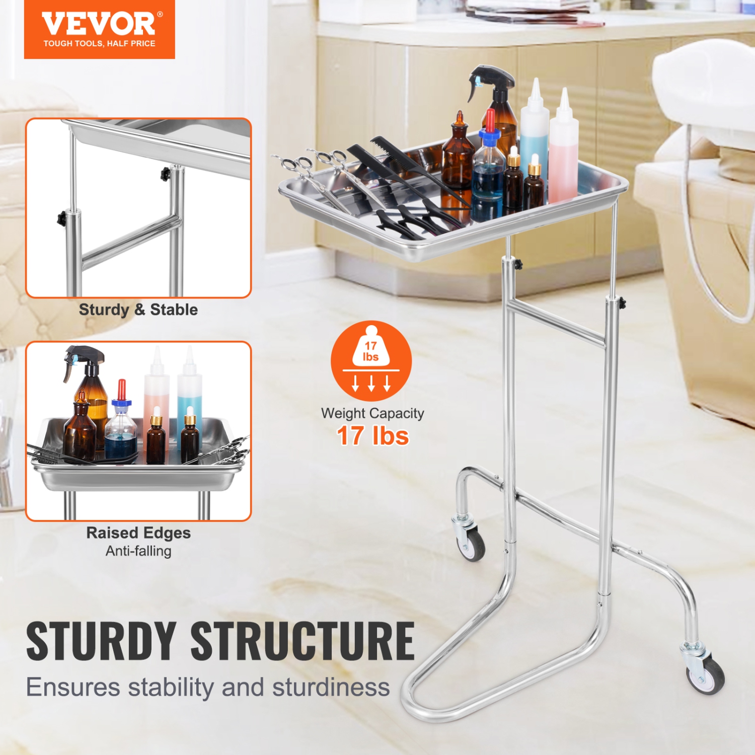 VEVOR 2 Silent Wheels Stainless Steel Lab Carts, Lab Utility Cart with Single Tray, Mobile Medical Cart, Lab Rolling Cart for Lab, Clinic, Hospital,