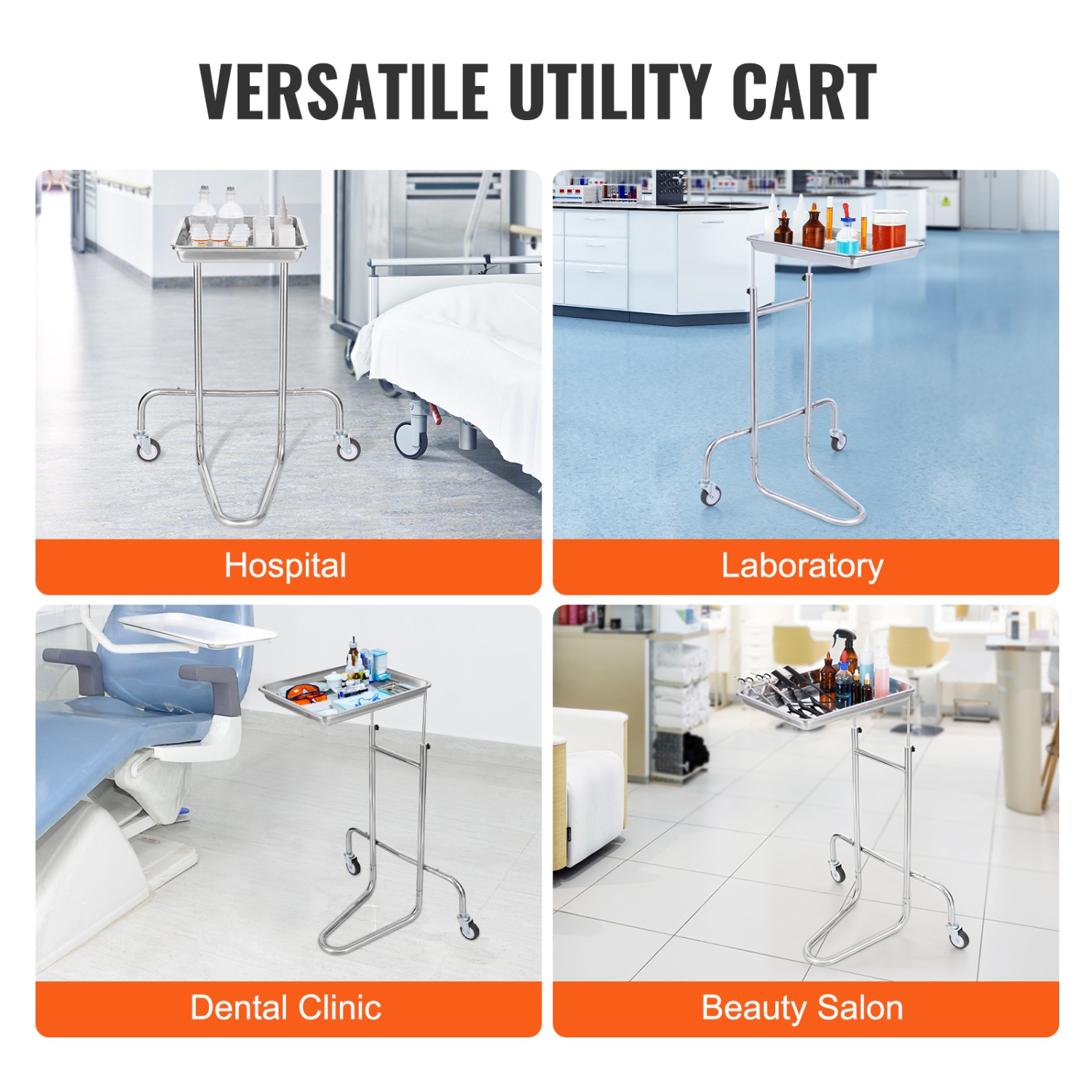 VEVOR 2 Silent Wheels Stainless Steel Lab Carts, Lab Utility Cart with Single Tray, Mobile Medical Cart, Lab Rolling Cart for Lab, Clinic, Hospital,