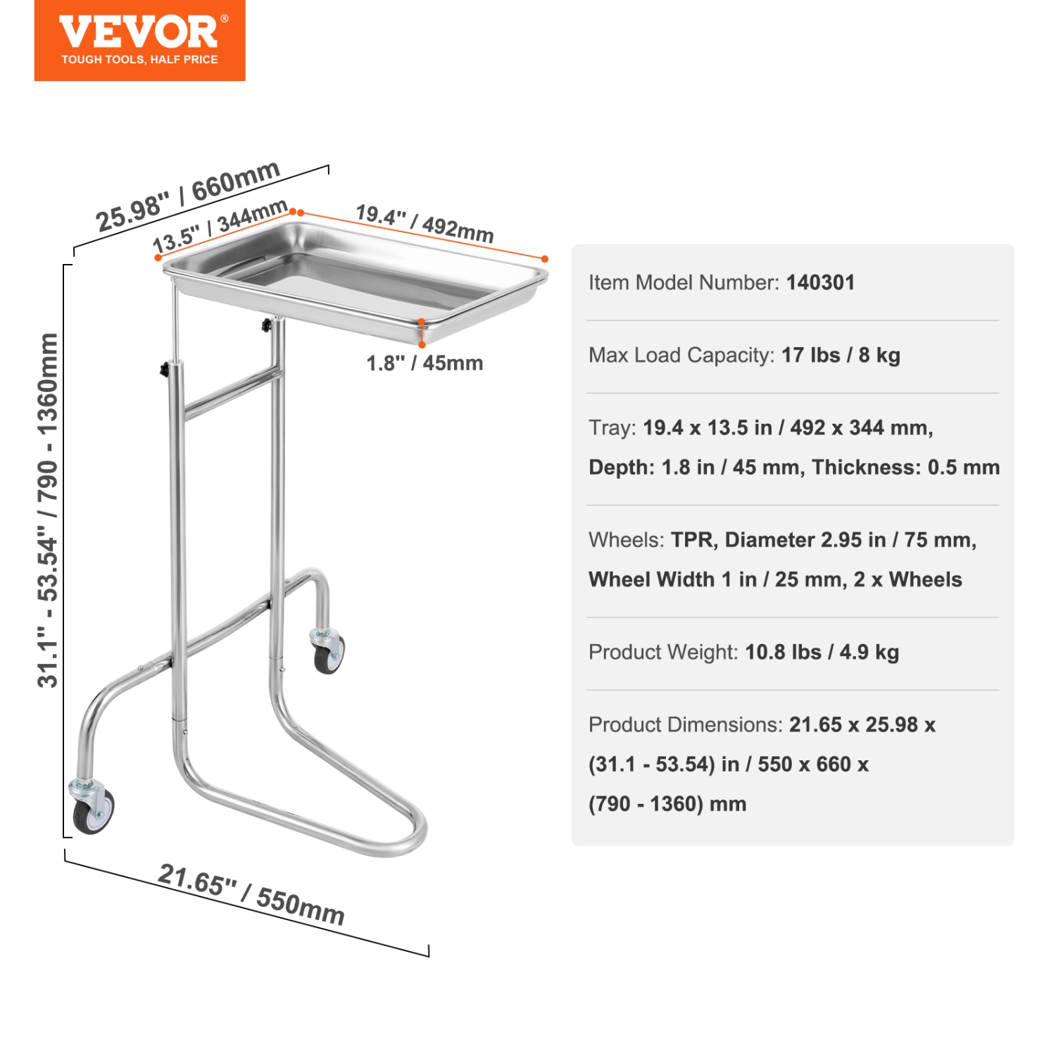 VEVOR 2 Silent Wheels Stainless Steel Lab Carts, Lab Utility Cart with Single Tray, Mobile Medical Cart, Lab Rolling Cart for Lab, Clinic, Hospital,
