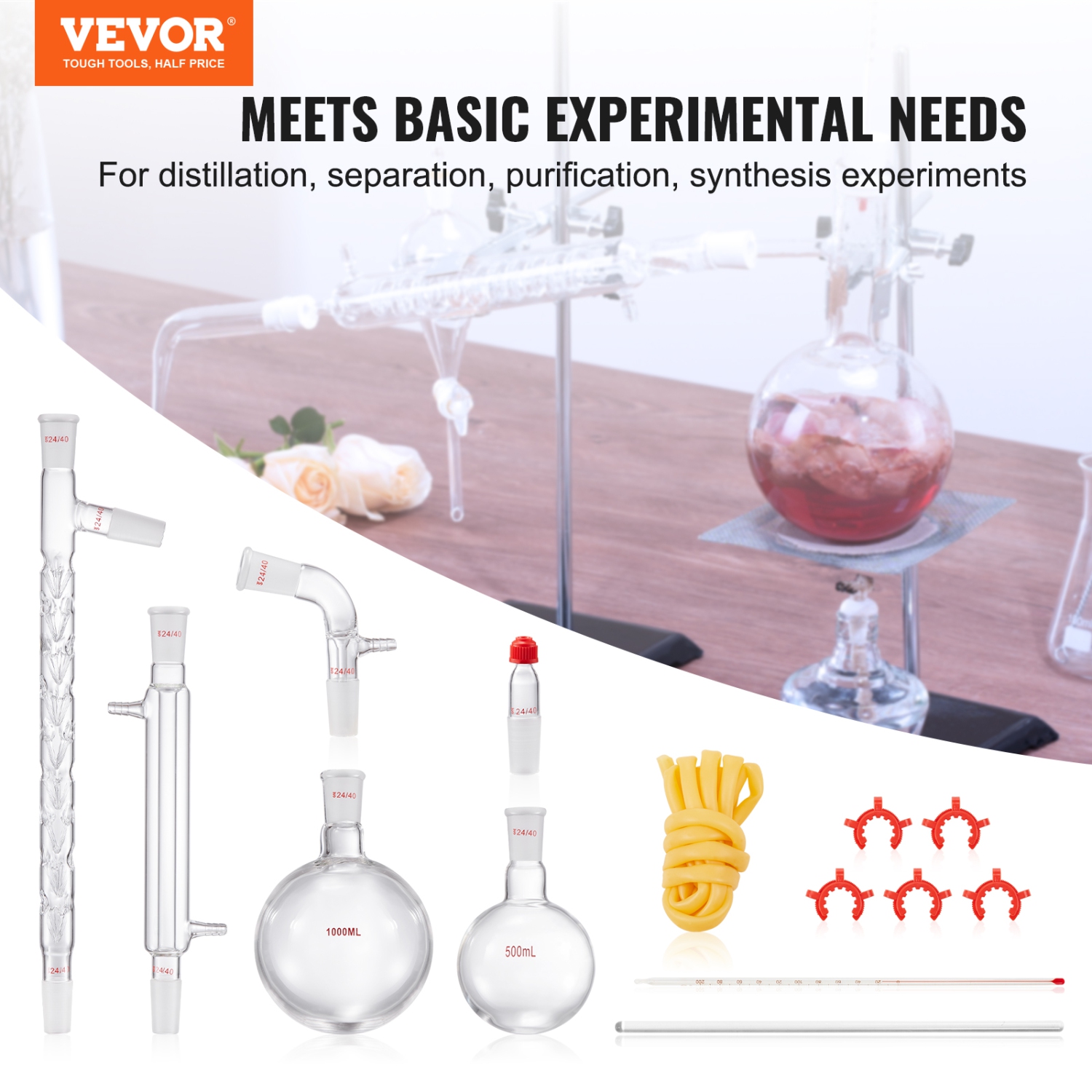 VEVOR 3.3 BoroLab Distillation Kit, Lab Glassware Distillation Kit with 24, 40 Joint, 1000ml Essential Oil Distillation Apparatus Kit, 14 pcs Set of