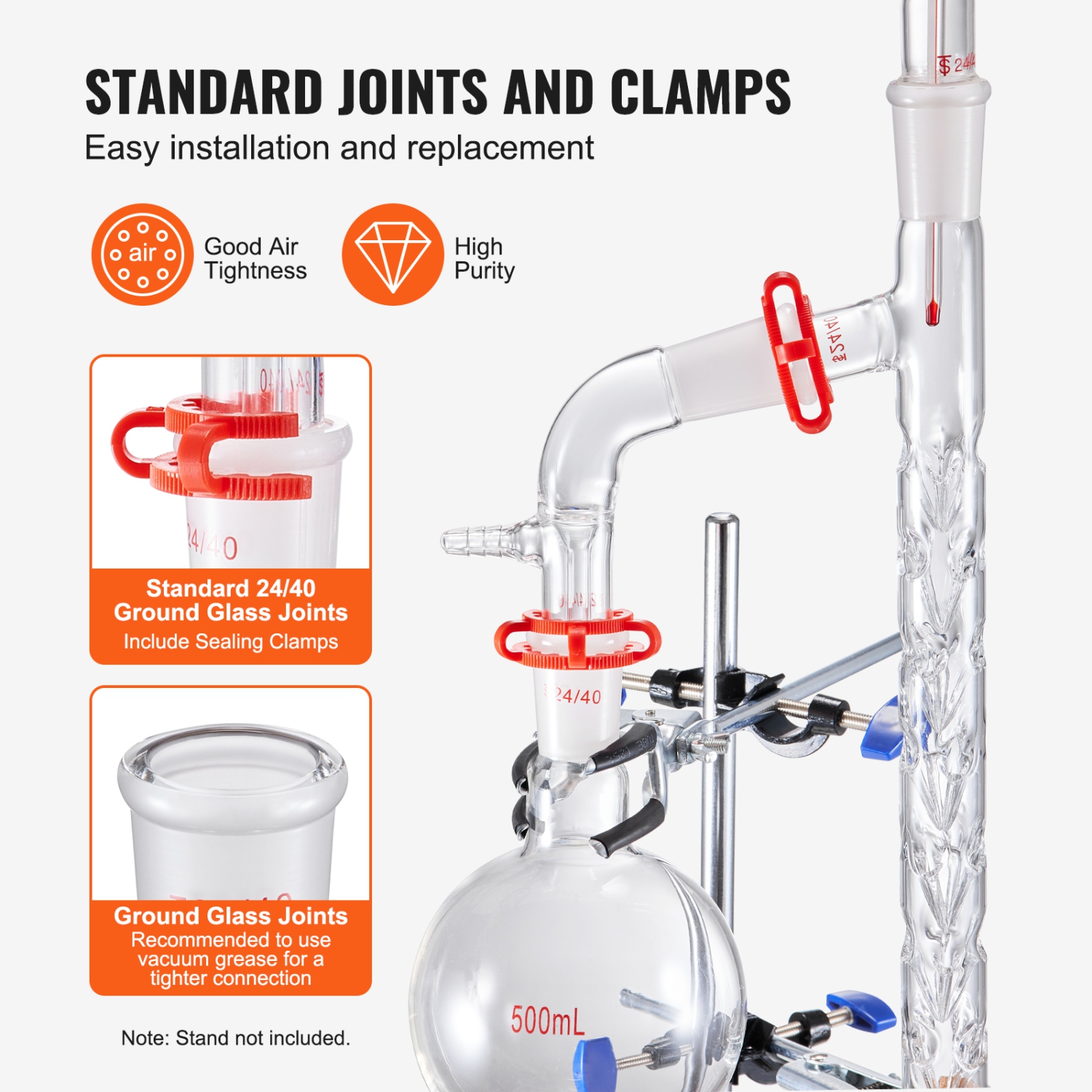 VEVOR 3.3 BoroLab Distillation Kit, Lab Glassware Distillation Kit with 24, 40 Joint, 1000ml Essential Oil Distillation Apparatus Kit, 14 pcs Set of