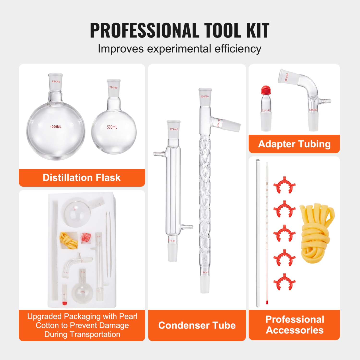VEVOR 3.3 BoroLab Distillation Kit, Lab Glassware Distillation Kit with 24, 40 Joint, 1000ml Essential Oil Distillation Apparatus Kit, 14 pcs Set of
