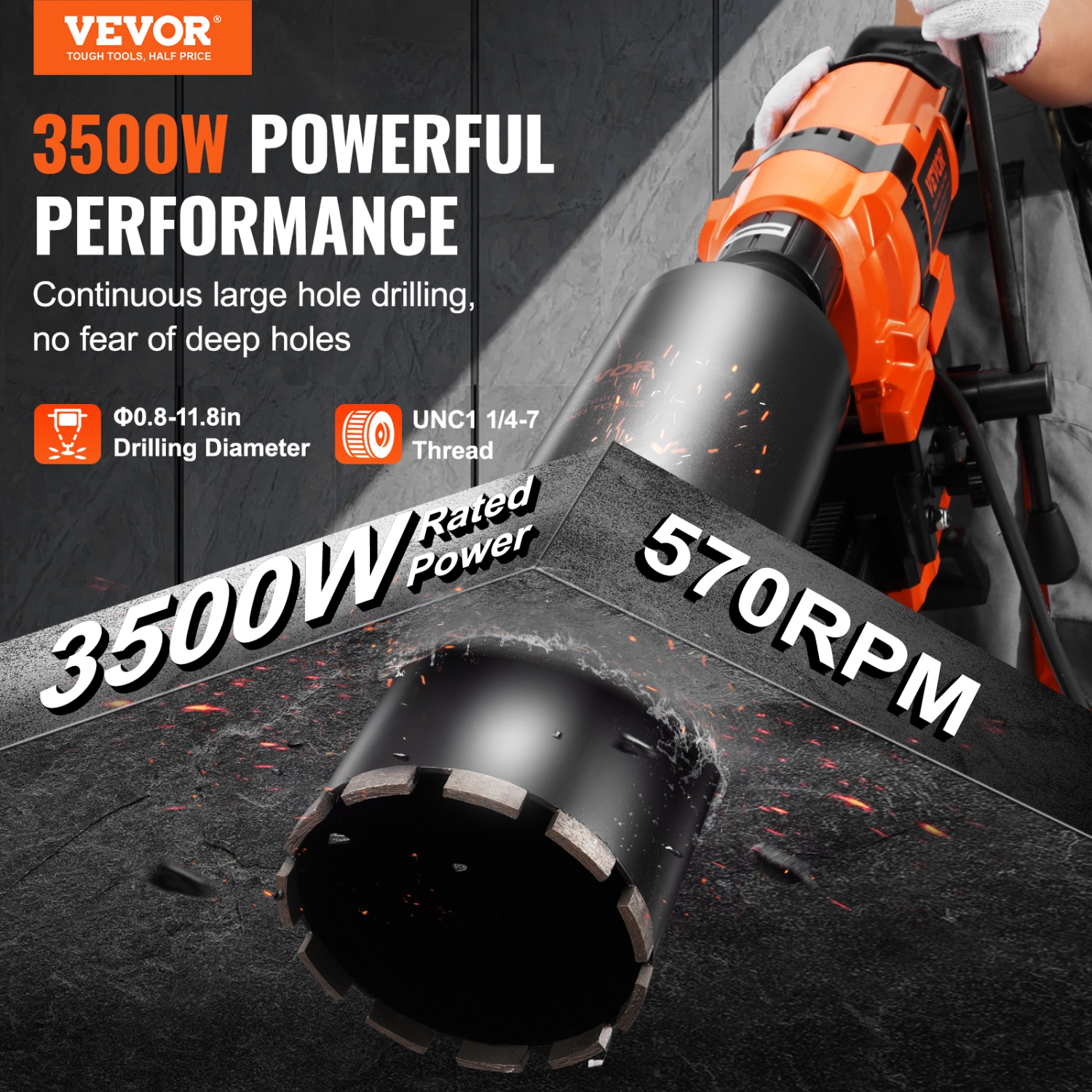 VEVOR Core Drill Machine, 0.8-11.8in Drilling Diameter Diamond Core Drill Rig with Stand and Core Drill Bit, 3500W Rugged Concrete Core Drill, Wet