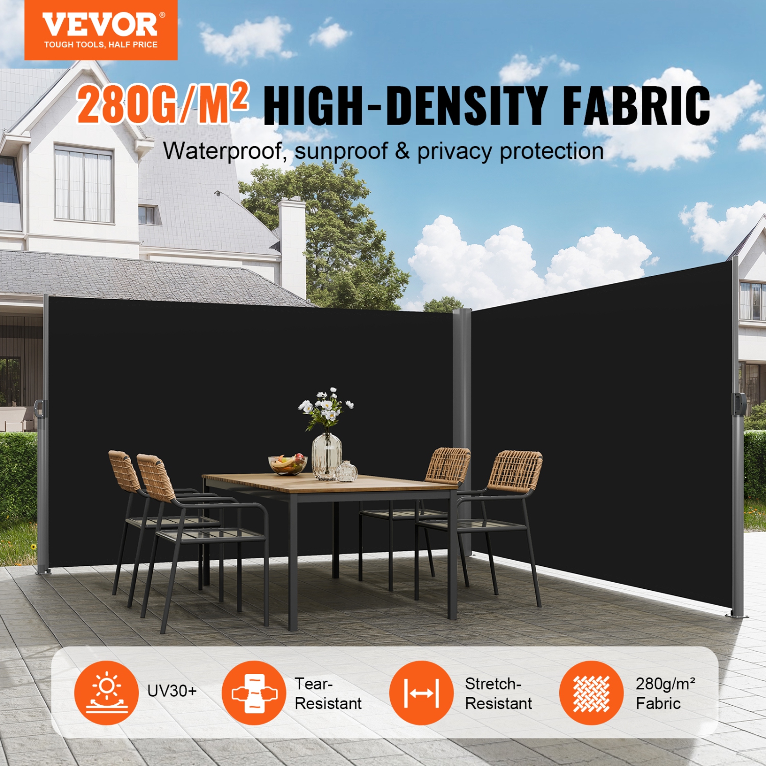 Auvent latéral rétractable VEVOR 71 x 236&nbsp;po, écran d'intimité extérieur en aluminium, écran de terrasse rétractable en polyester 280&nbsp;g