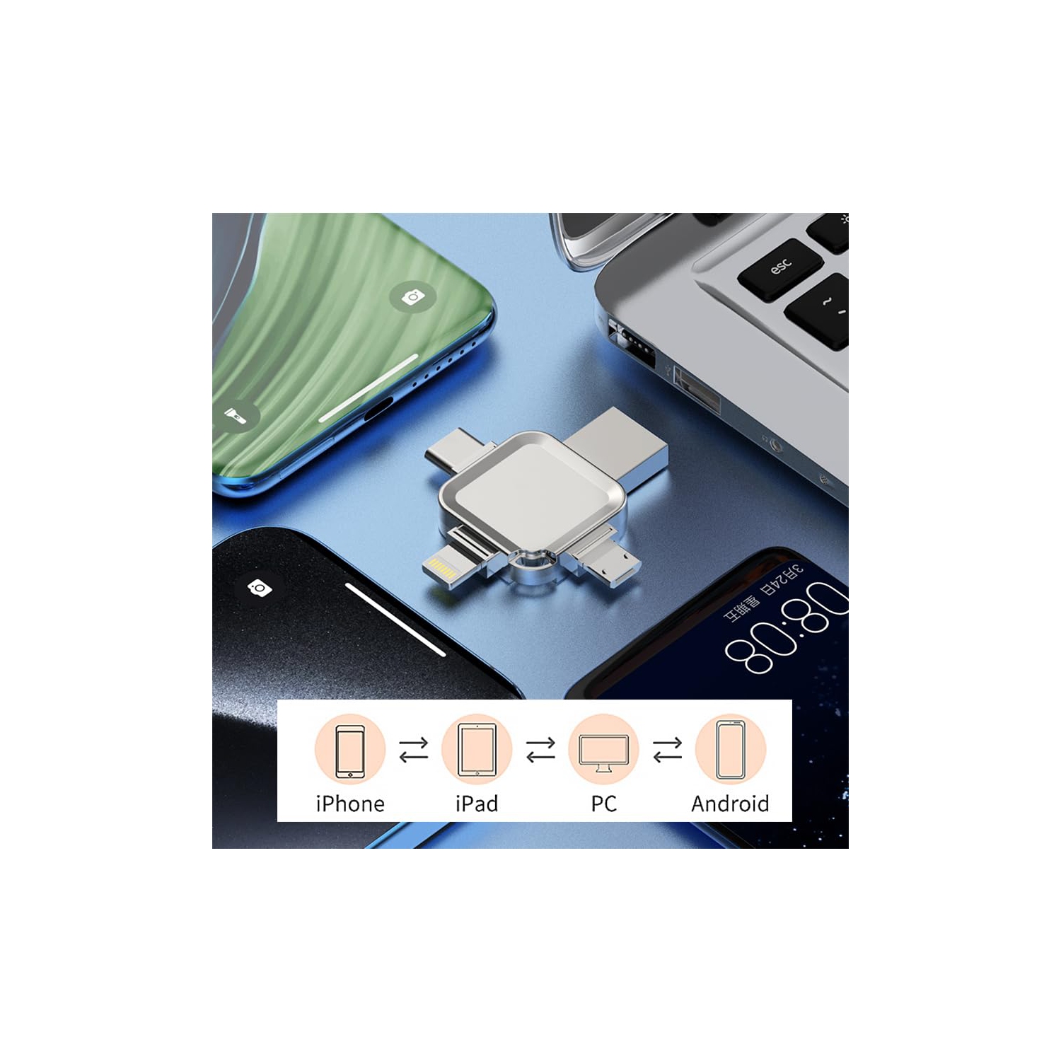 Clé USB 3,0 de 128 Go avec port de type C; Port Lightning; Port USB; Clé USB; Clé USB; Port micro; Argenté pour photos