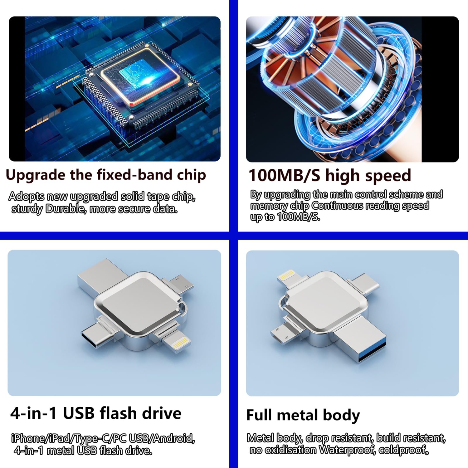 Clé USB 3,0 de 128 Go avec port de type C; Port Lightning; Port USB; Clé USB; Clé USB; Port micro; Argenté pour photos