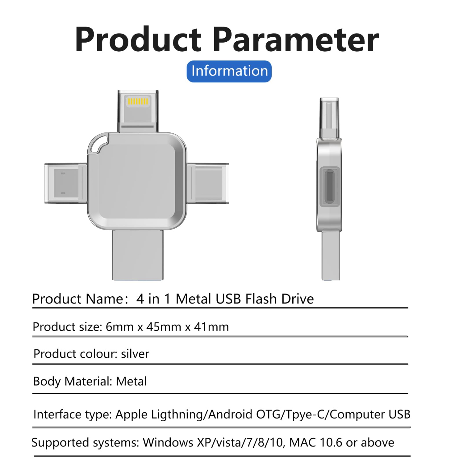 Clé USB 3,0 de 128 Go avec port de type C; Port Lightning; Port USB; Clé USB; Clé USB; Port micro; Argenté pour photos