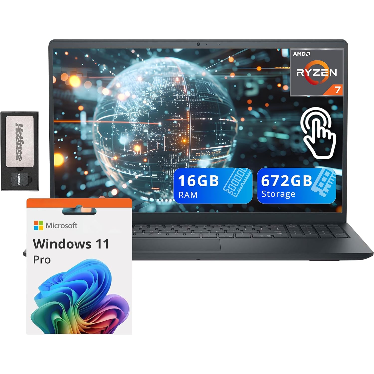 Dell Inspiron 15.6" Anti-Glare FHD Touchscreen Laptop, AMD Ryzen 7 7730U, 672GB Storage(512GB SSD+160GB Docking Station Set), 16GB DDR4 RAM,AMD