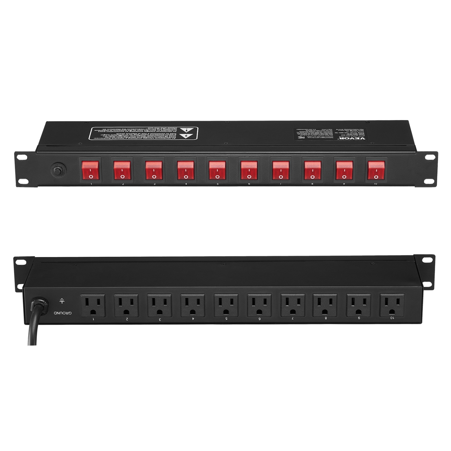 VEVOR 1U PDU, 10 Outlets, Rack Mount Power Strip Fits Standard 19" Server Racks, with Independent Switch Surge Protection & Overload Protection,