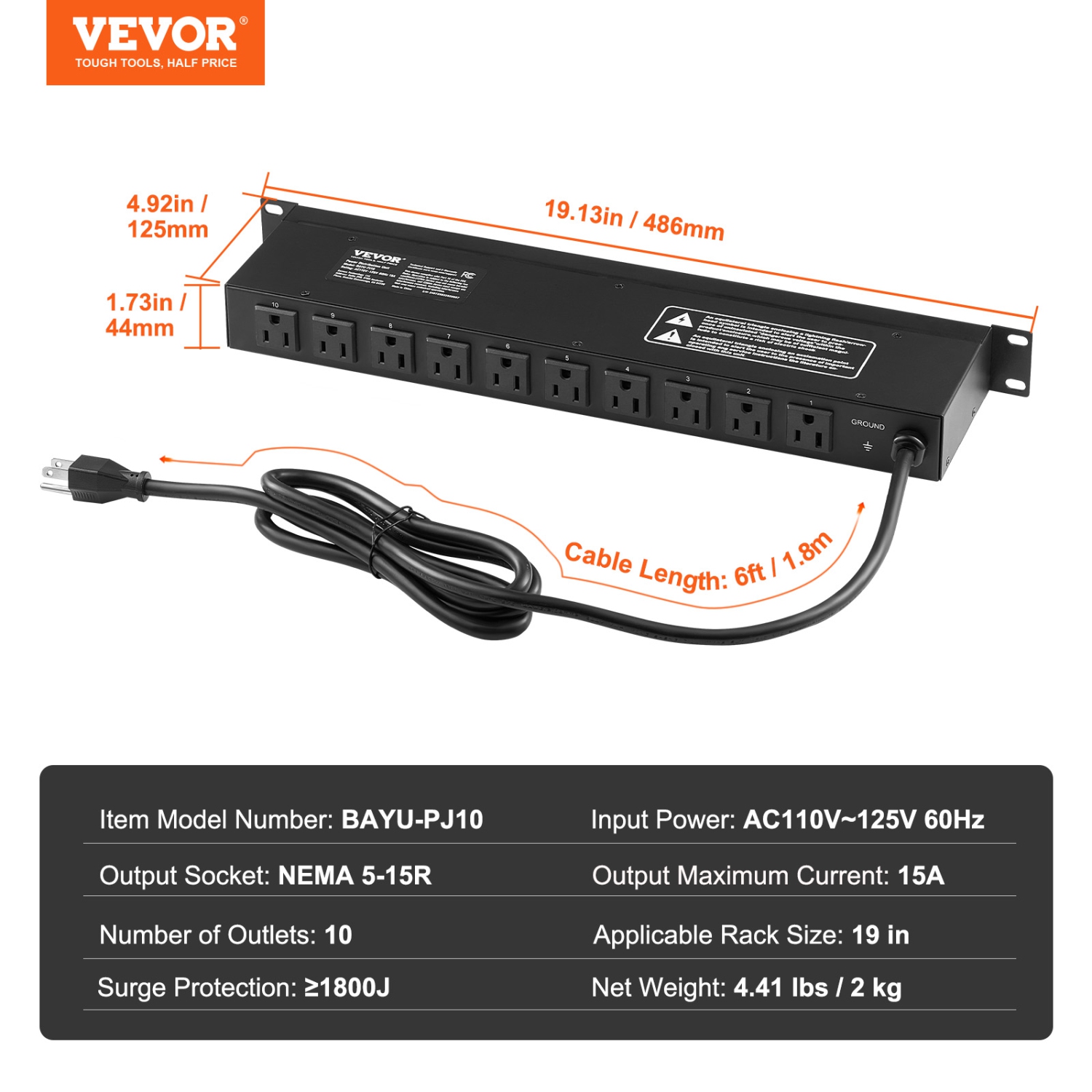 VEVOR 1U PDU, 10 Outlets, Rack Mount Power Strip Fits Standard 19" Server Racks, with Independent Switch Surge Protection & Overload Protection,