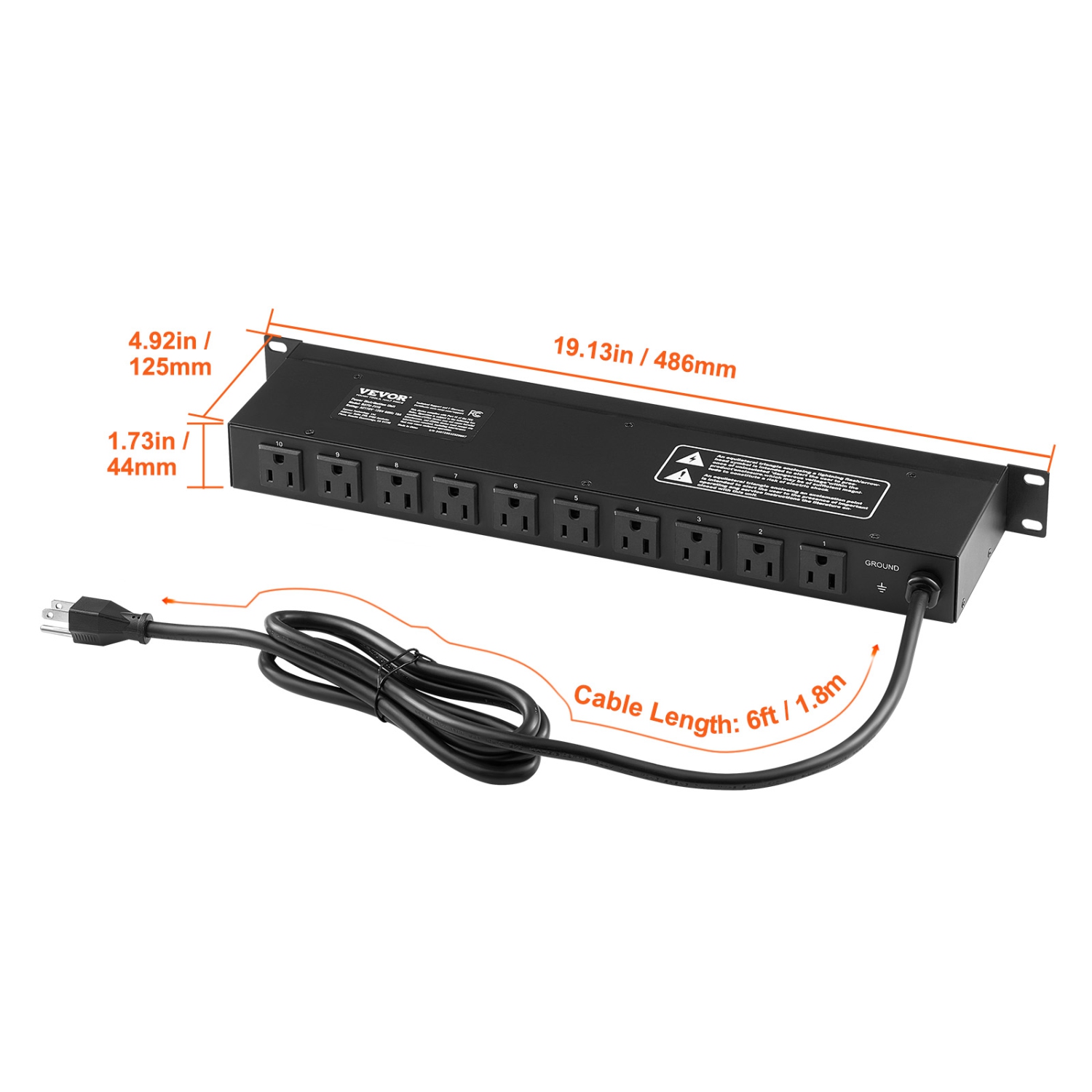 VEVOR 1U PDU, 10 Outlets, Rack Mount Power Strip Fits Standard 19" Server Racks, with Independent Switch Surge Protection & Overload Protection,