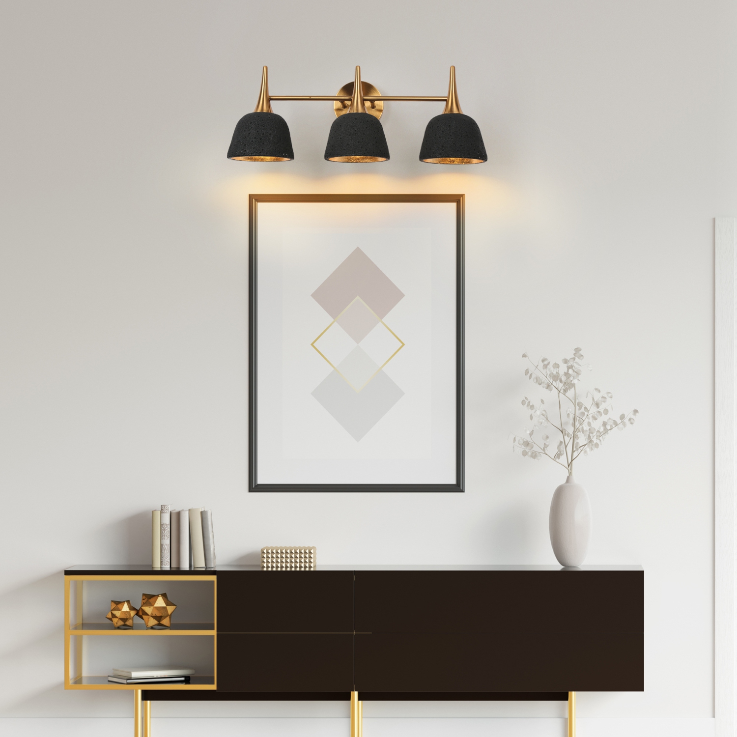 Applique de salle de bain moderne Vintage noir et or, 22 po Applique murale industrielle pour salle de bain à 3 lumières avec abat-jour en résine