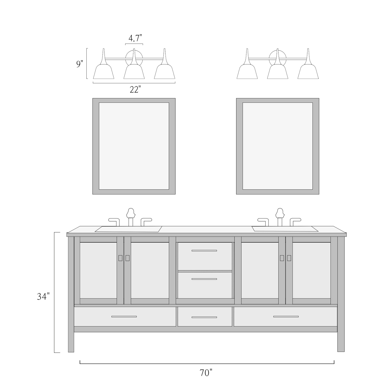 Applique de salle de bain moderne Vintage noir et or, 22 po Applique murale industrielle pour salle de bain à 3 lumières avec abat-jour en résine