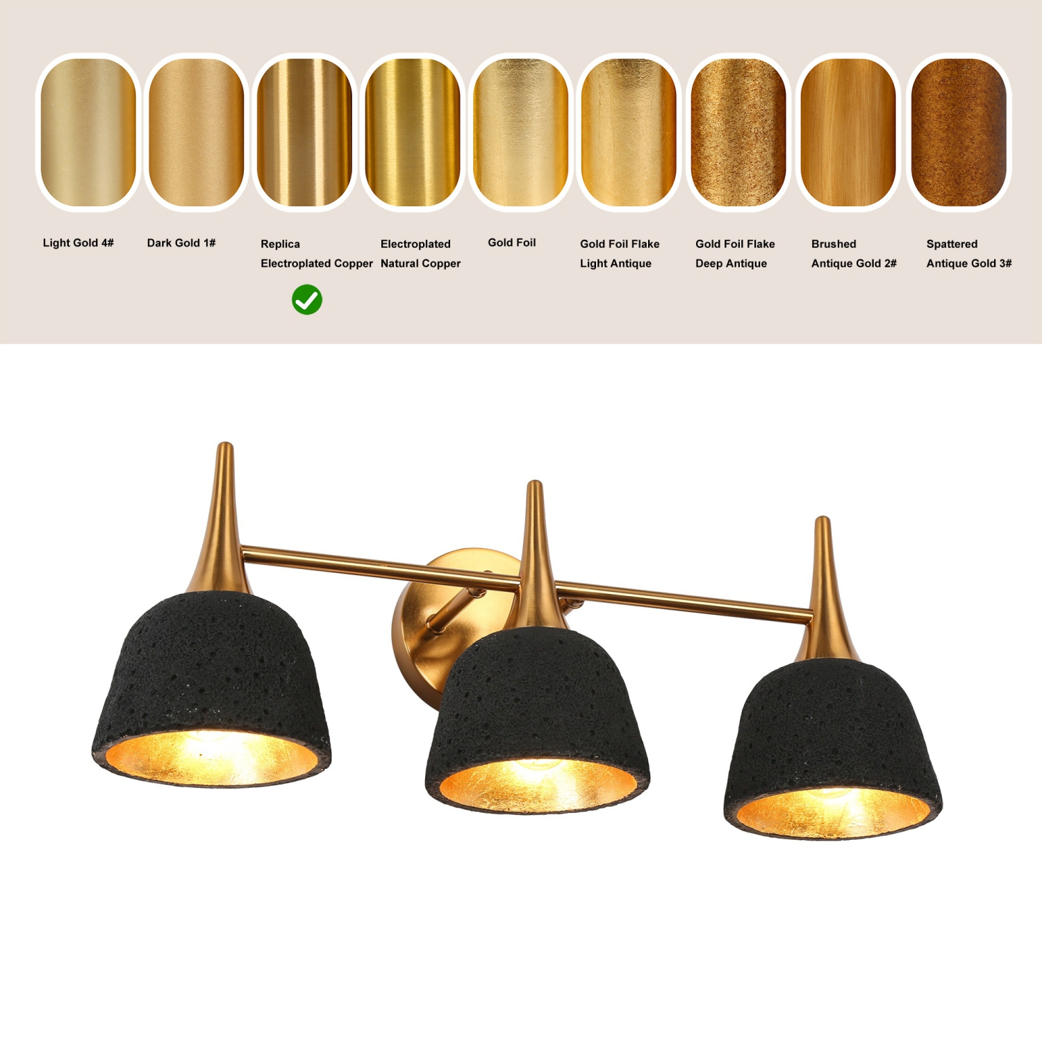 Applique de salle de bain moderne Vintage noir et or, 22 po Applique murale industrielle pour salle de bain à 3 lumières avec abat-jour en résine