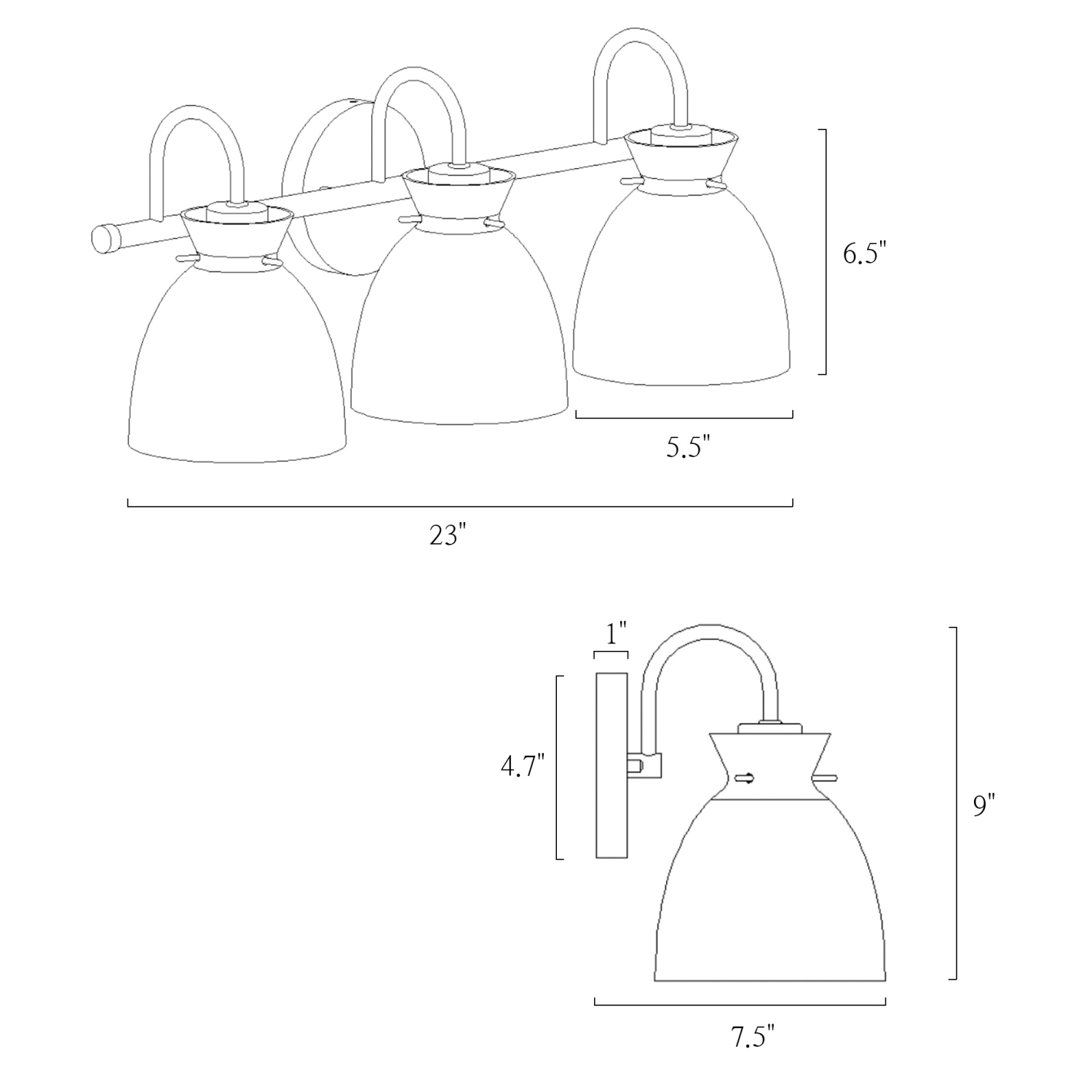 22.8&nbsp;po Luminaire de salle de bain à 3 lumières, noir et cloche en laiton, abat-jour en verre transparent texturé