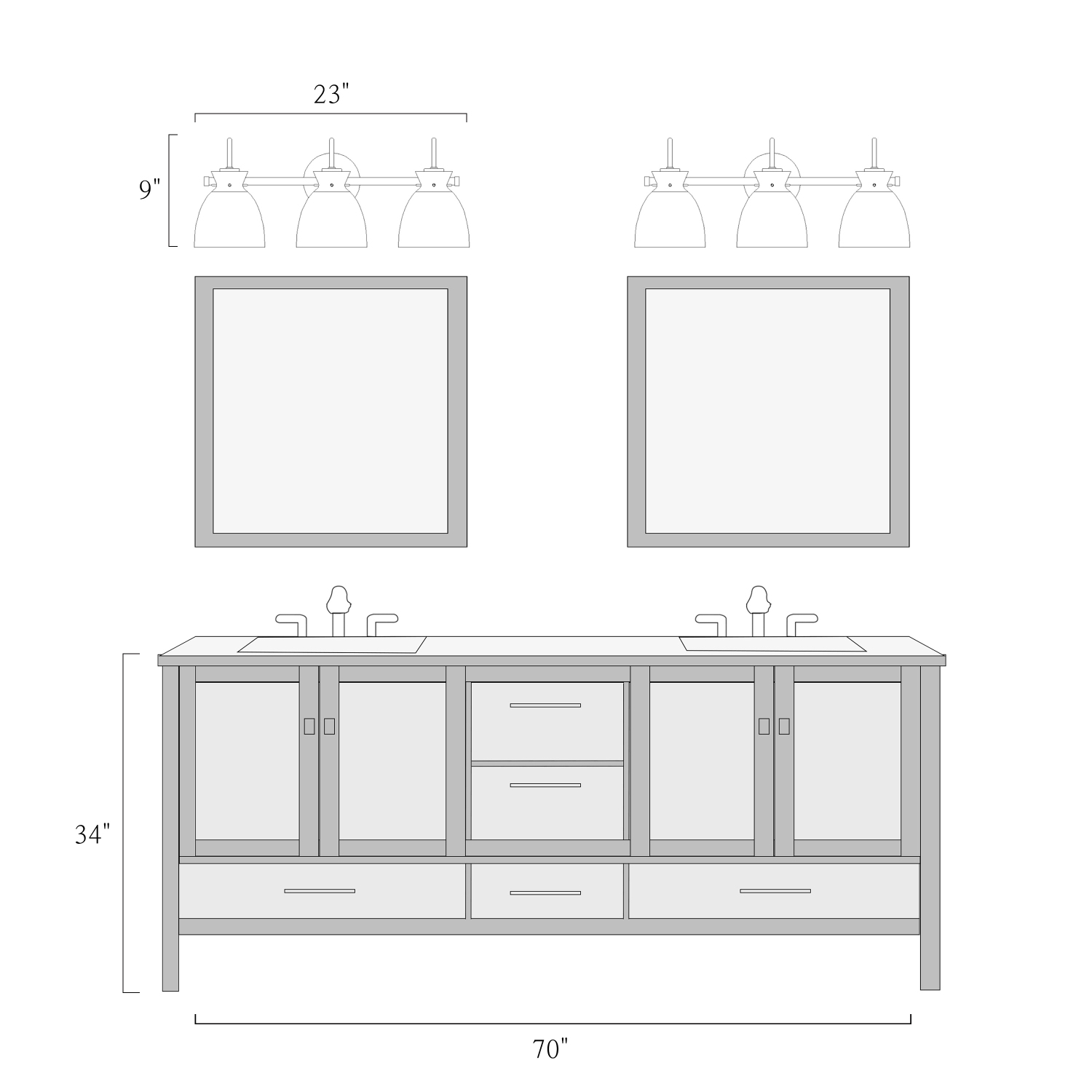 22.8&nbsp;po Luminaire de salle de bain à 3 lumières, noir et cloche en laiton, abat-jour en verre transparent texturé