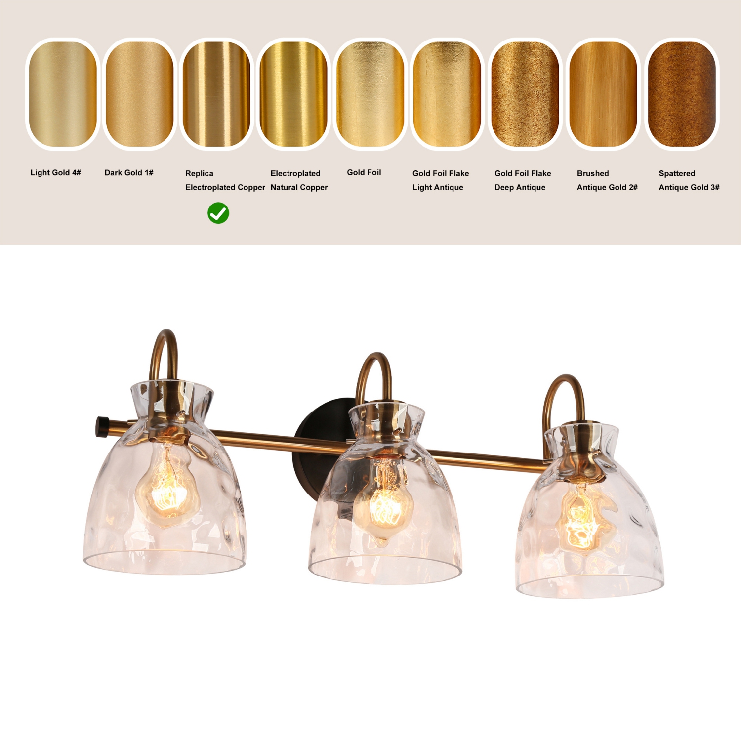 22.8&nbsp;po Luminaire de salle de bain à 3 lumières, noir et cloche en laiton, abat-jour en verre transparent texturé